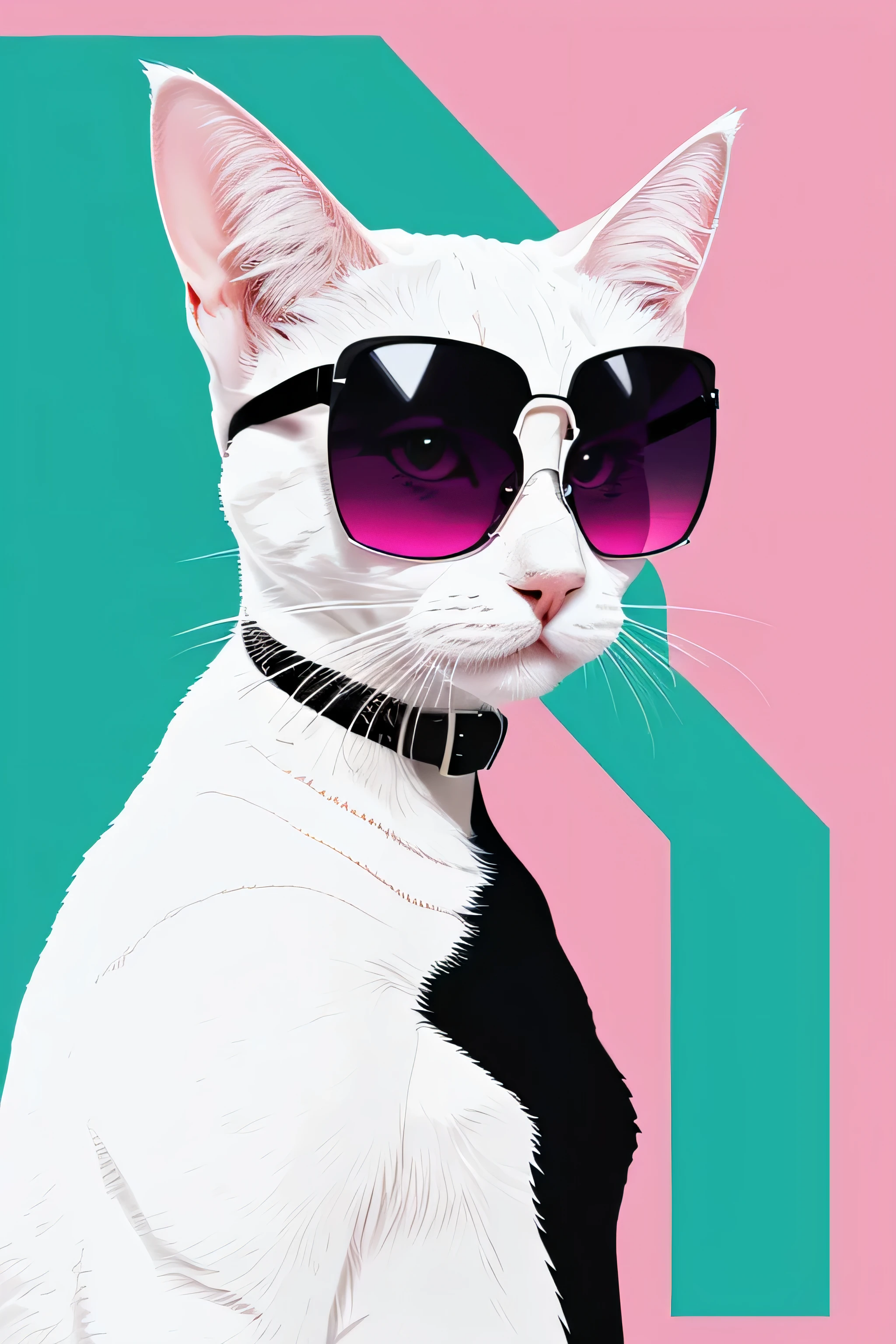 distance from view, vector for t-shirt design, white cat with shapes pink sunglasses standing on the green and yellow panels behind, in the style of ethereal light effects, minimalistic portraits, dark black and pink, intense gaze, colorful installations, portraits with soft lighting, bold lines, vivid colors -