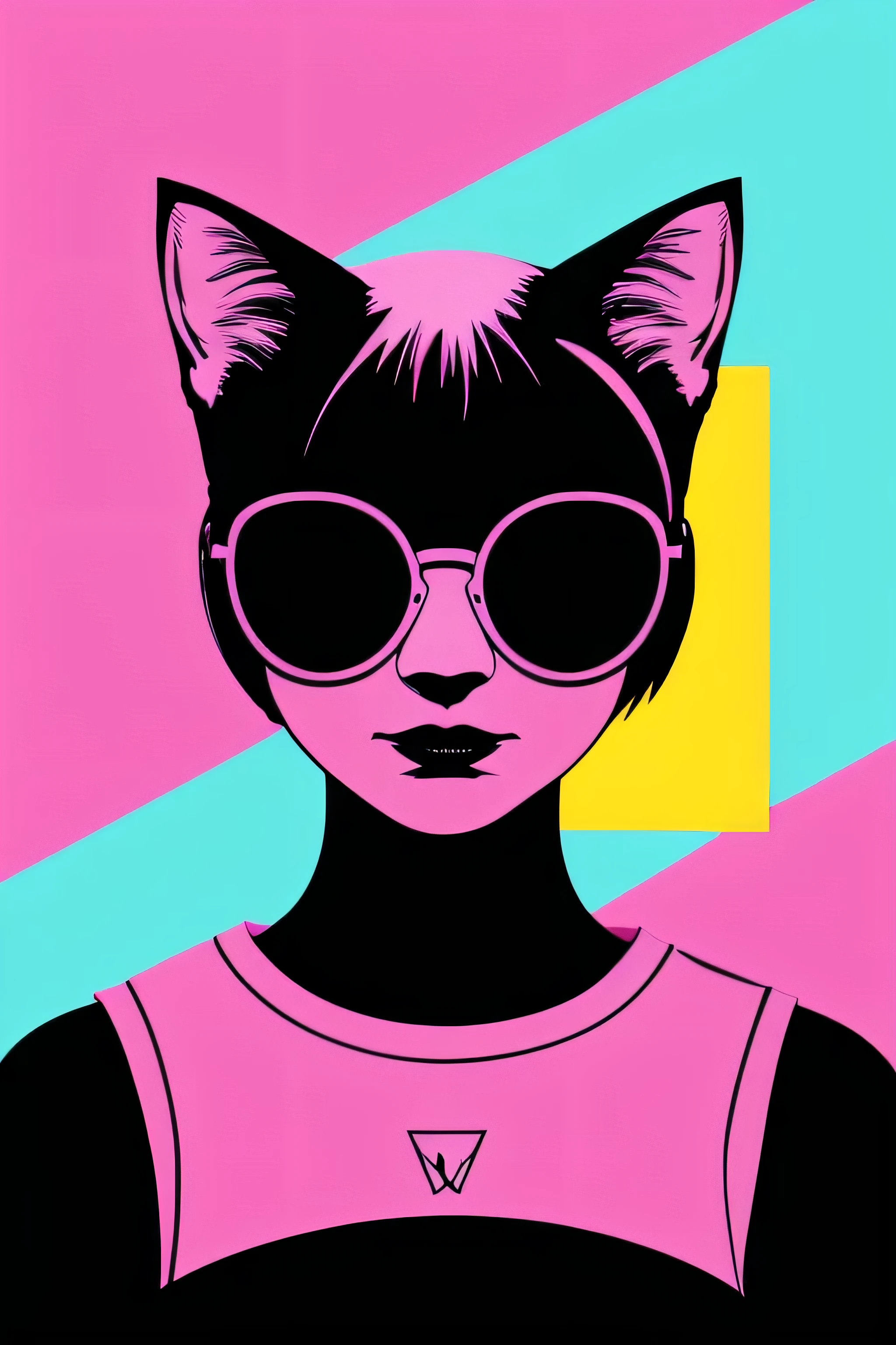 distance from view, vector for t-shirt design, white cat with shapes pink sunglasses standing on the green and yellow panels behind, in the style of ethereal light effects, minimalistic portraits, dark black and pink, intense gaze, colorful installations, portraits with soft lighting, bold lines, vivid colors -