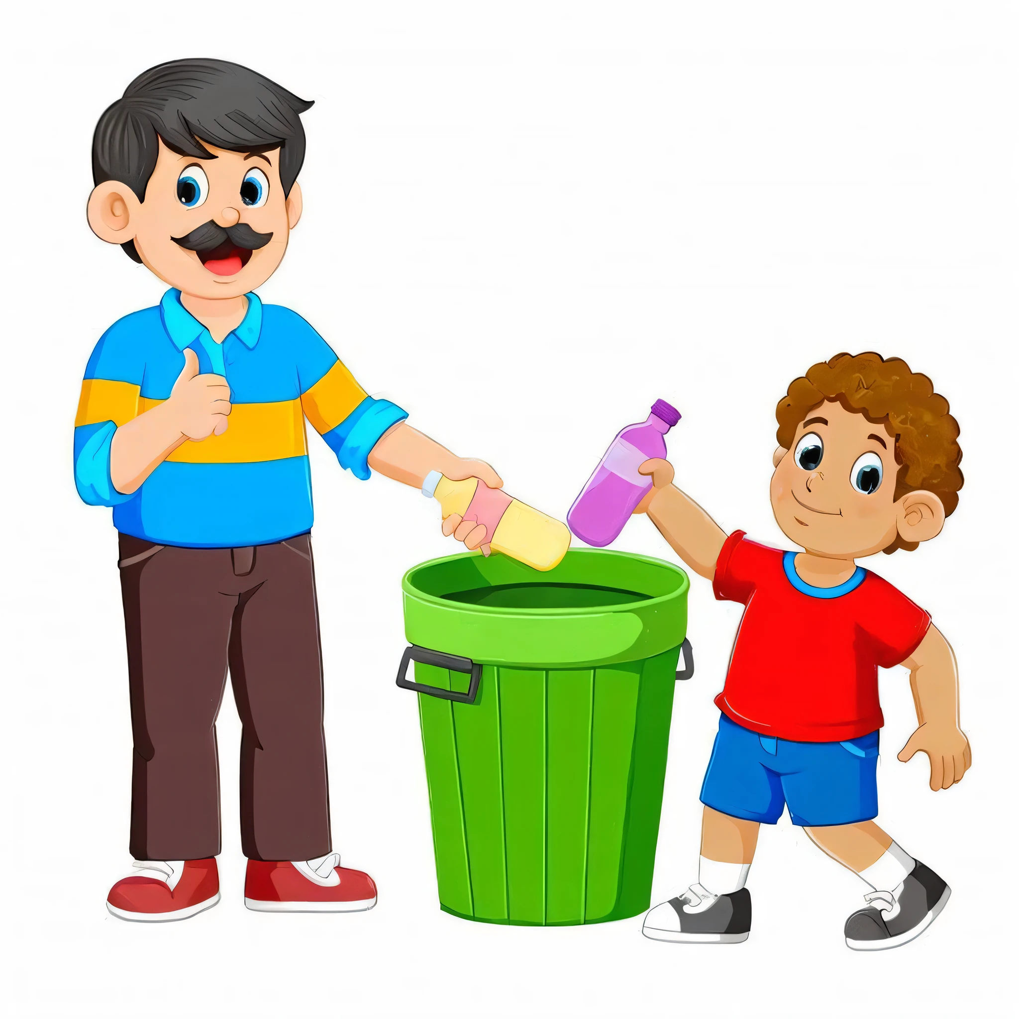 a man and a boy are throwing a bottle of liquid into a trash can, with a kid, clean environment, clean and neat, clean image, funny illustration, clipart, clean coloring book page, exciting illustration, father, father with , cartoon style illustration, environment friendly, effective altruism, proffesional illustration, full of trash