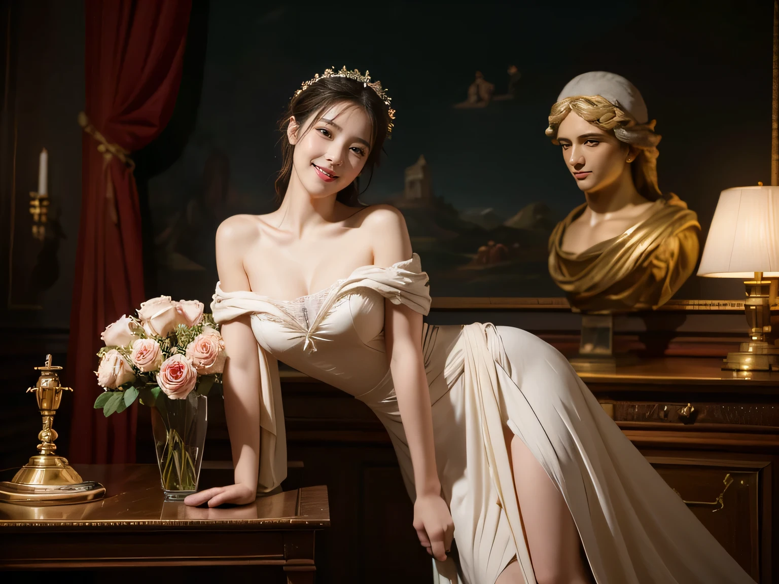 Jacques-Louis David painting style,Arguments of two female Philosophe,math、astronomical machine、astronaut、roses in vase、fruits、Cute trinkets、smile、ancient greek costume、Background is a forest lake at night 、Clothes that stretch your shoulders、A big smile、beautiful  skin、A detailed representation of the seducing woman throughout her body.