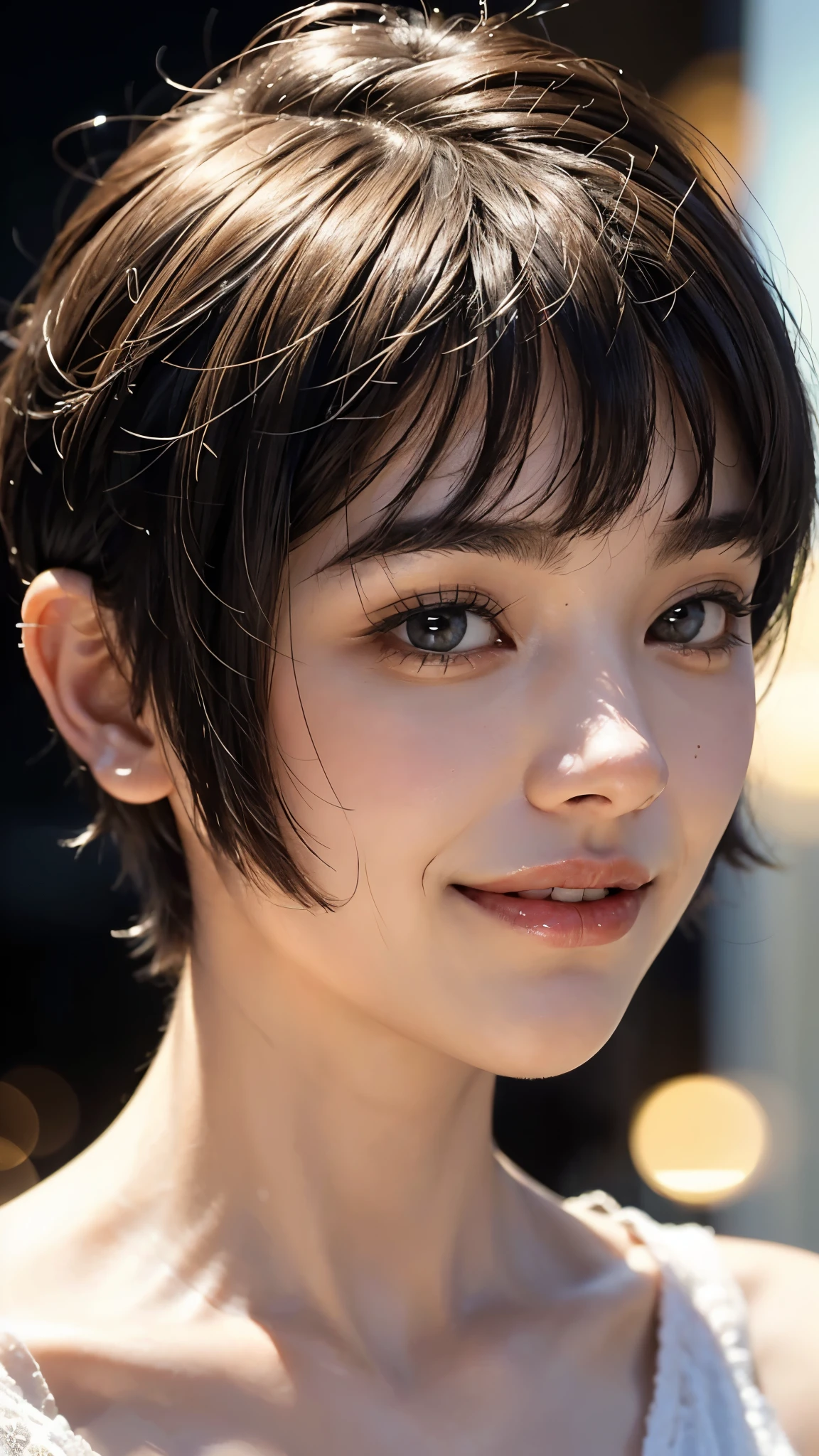 cute 22 year old,1 girl,Slim face European cityscape,night,city lights, ((face close up:1.5)),((smile showing white teeth)),((bangs short hair cut)),((Very short hair brown hair)),close, 8k, RAW photo, highest quality, masterpiece,realistic, photo-realistic,