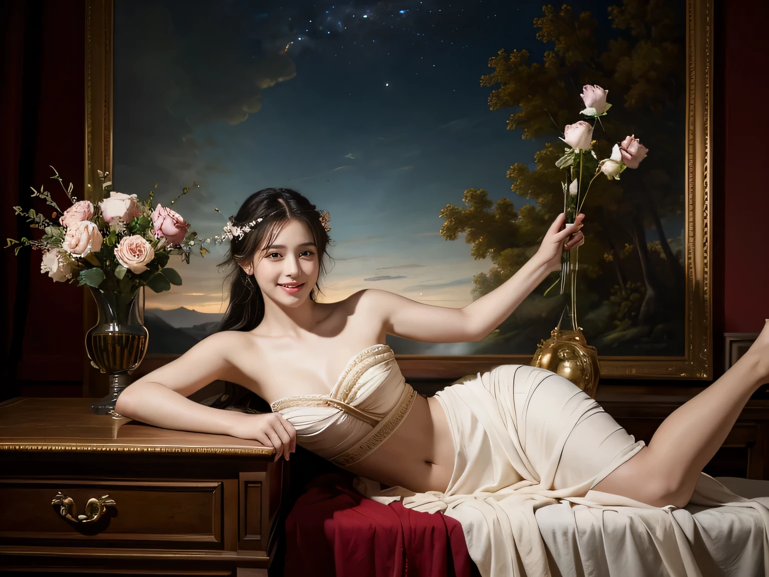 Jacques-Louis David painting style,Arguments of two female Philosophe,math、astronomical machine、astronaut、roses in vase、fruits、Cute trinkets、smile、ancient greek costume、Background is a forest lake at night 、Clothes that stretch your shoulders、A big smile、beautiful bare skin、A detailed representation of the seducing woman throughout her body.
