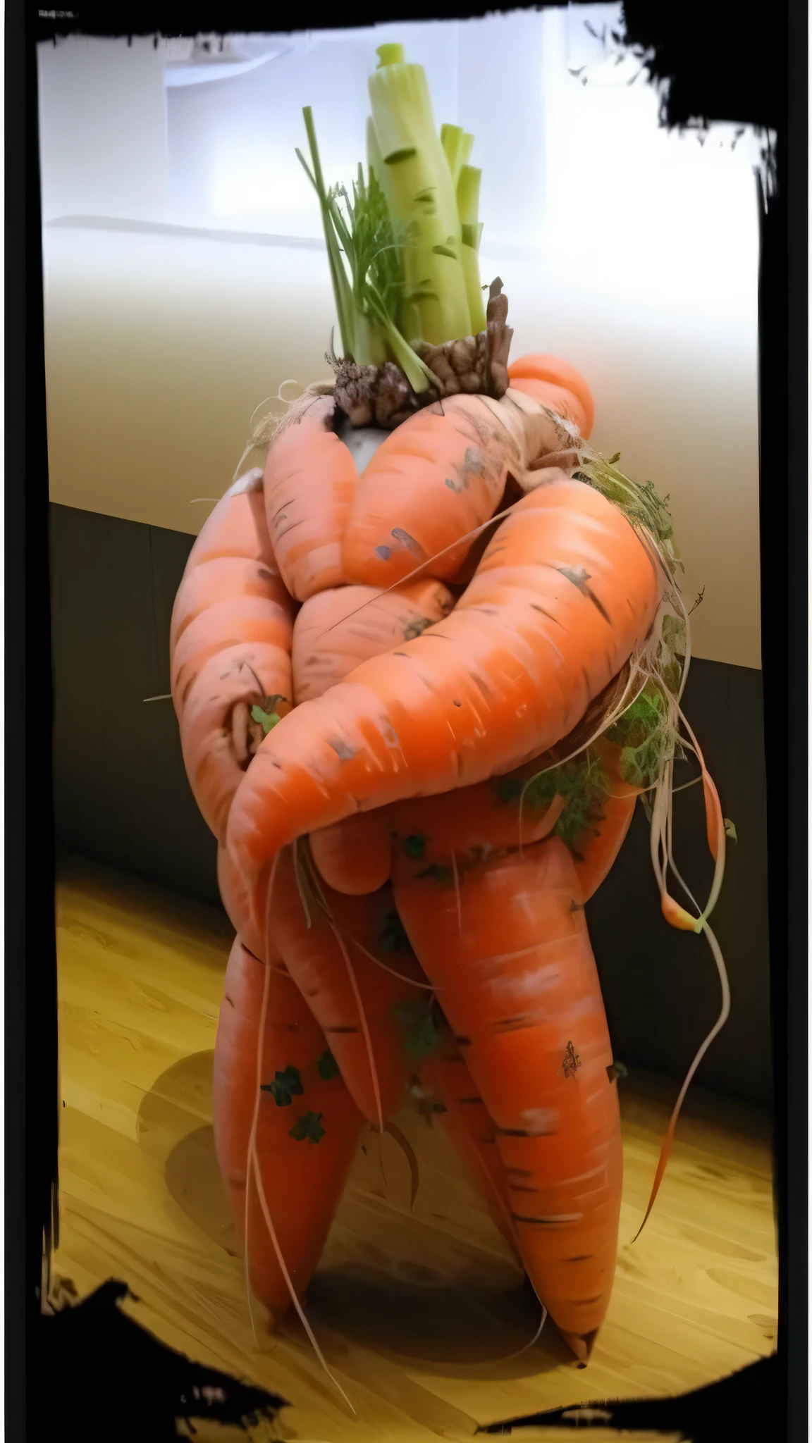 there is a large carrot that is wrapped in a person's hand, friendly carrot cyborg, carrot, anatomically correct!!, vegetable, ugly!!!!!!, weird art piece, inspired by Sarah Lucas, Very humorous!!!, carrots, plant monster, made of food, onion man, tomato monster, celery man, funny sculpture, juicy man，have extra limbs