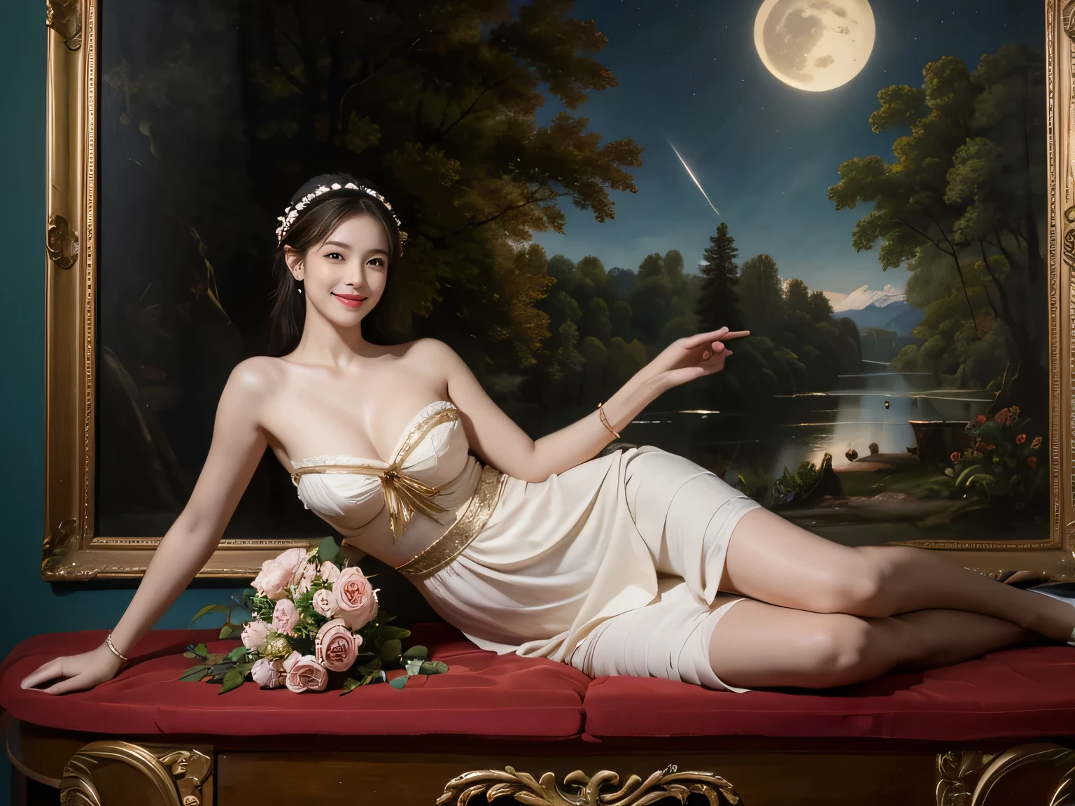 Jacques-Louis David painting style,Arguments of two female Philosophe,math、astronomical machine、astronaut、roses in vase、fruits、Cute trinkets、smile、ancient greek costume、Background is a forest lake at night 、Clothes that stretch your shoulders、A big smile、beautiful bare skin、A detailed representation of the seducing woman throughout her body.