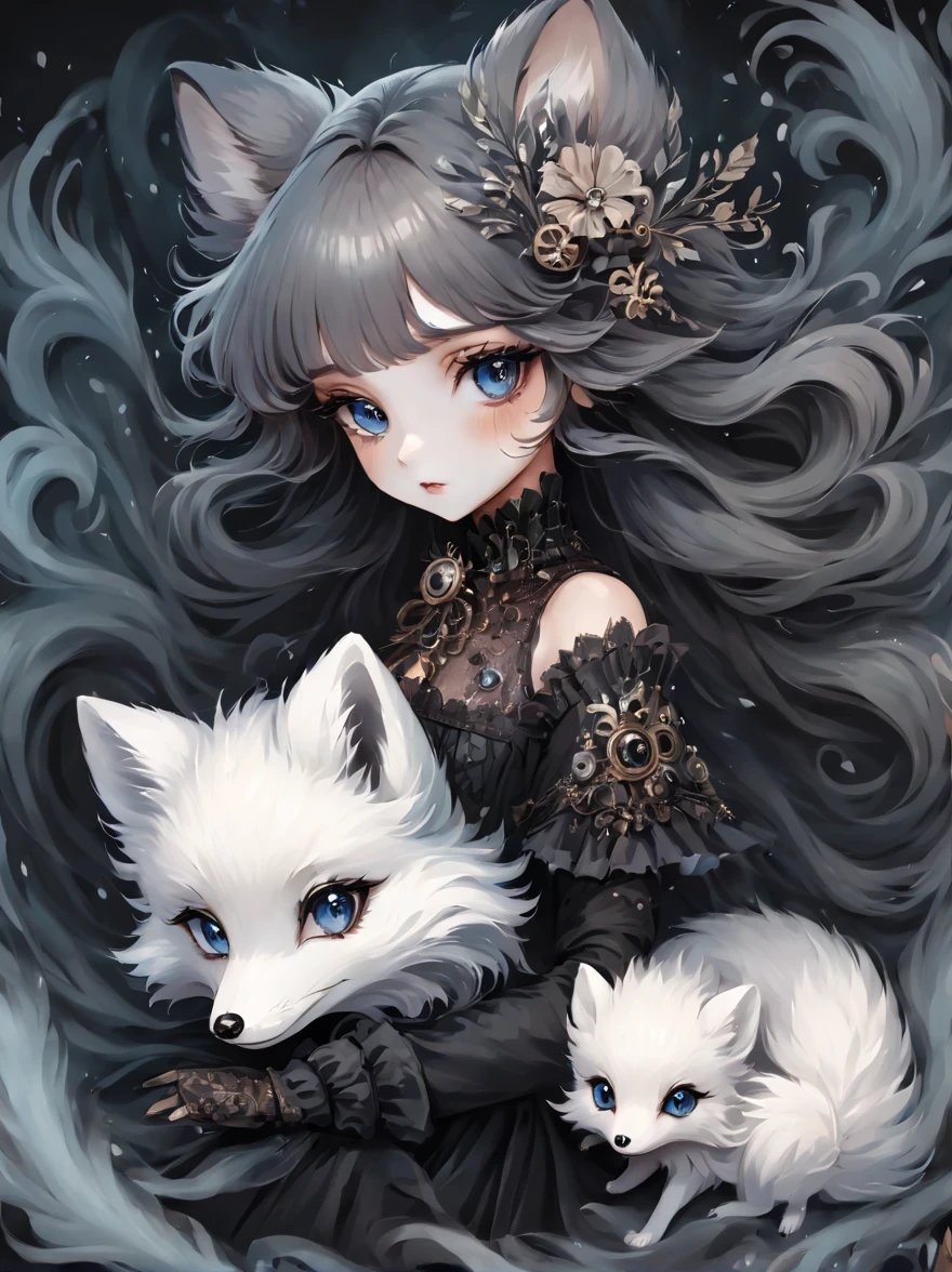 （best quality，masterpiece：1.2，detailed details），（Cute arctic fox,big eyes， fluffy hair），（dark Gothic，steampunk gothic victorian style）, dark, engulfed in smoke
