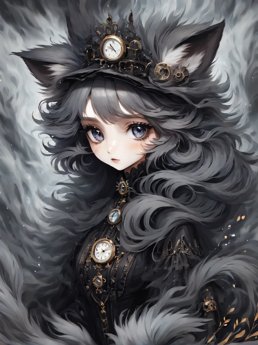(best quality,masterpiece:1.2,detailed details),(Cute arctic fox,big eyes, fluffy hair),(dark Gothic,steampunk gothic victorian style), dark, engulfed in smoke