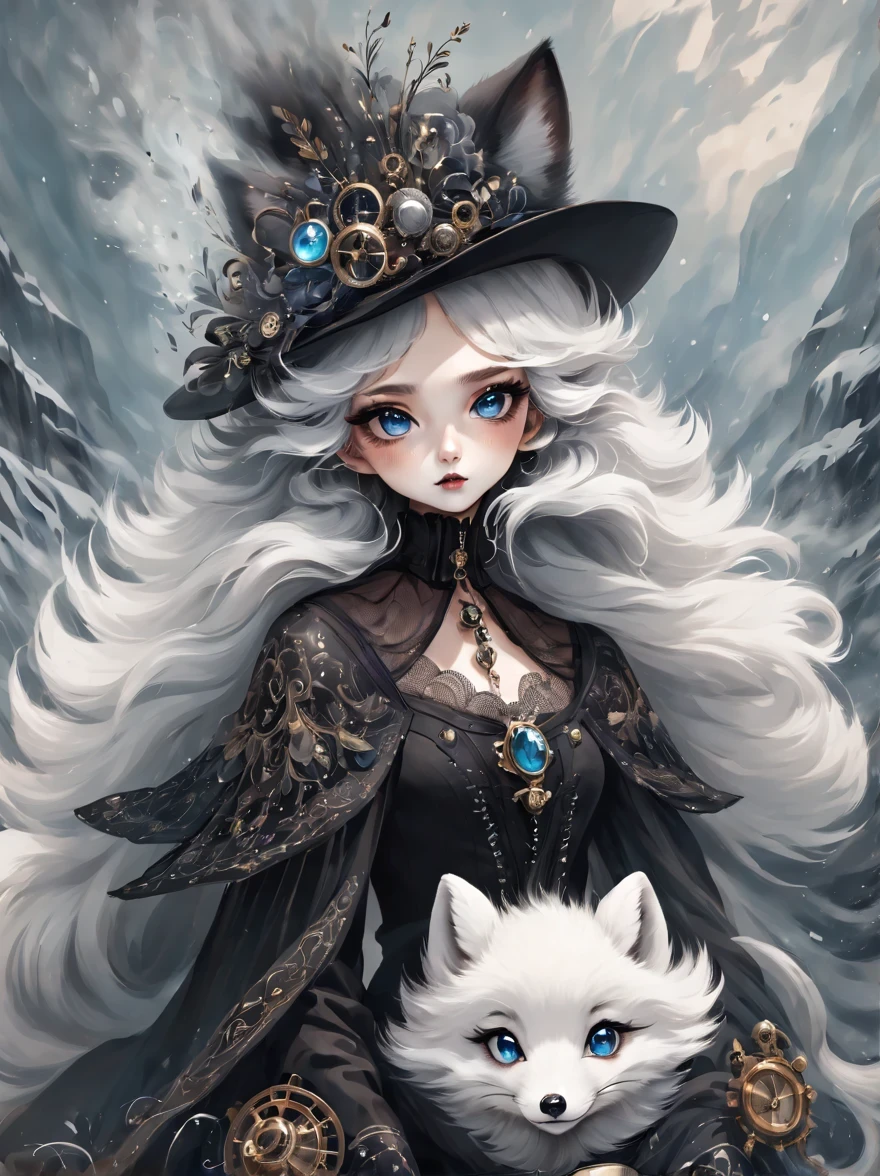 （best quality，masterpiece：1.2，detailed details），(arctic fox:1.2)，（可爱的小arctic fox,big eyes， fluffy hair），（dark Gothic，steampunk gothic victorian style）, dark, engulfed in smoke
