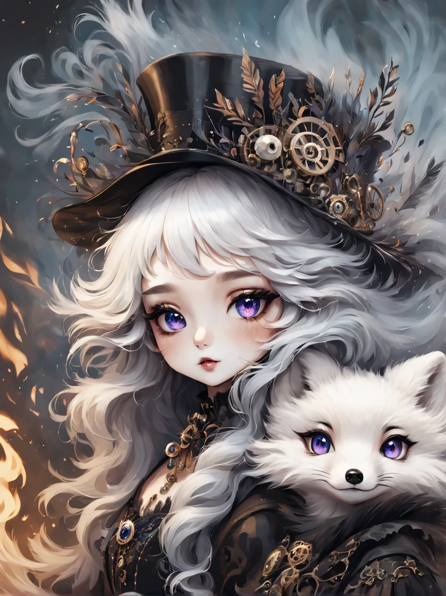 （best quality，masterpiece：1.2，detailed details），(arctic fox:1.2)，（可爱的小arctic fox,big eyes， fluffy hair），（dark Gothic，steampunk gothic victorian style）, dark, engulfed in smoke
