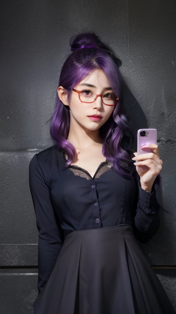 anime girl with purple hair and glasses holding a cell phone, gapmoe yandere grimdark, gapmoe yandere, misato katsuragi, she has purple hair, with index finger, she is holding a smartphone, portrait gapmoe yandere grimdark, yandere. tall, yandere, waifu, 2 d anime style, anime style like fate/stay night，wearing glasses，purple hair，wearing glasses，purple hair，wearing glasses，purple hair，wearing glasses，purple hair，wearing glasses，purple hair，wearing glasses，purple hair，wearing glasses，purple hair，wearing glasses，purple hair，wearing glasses，purple hair