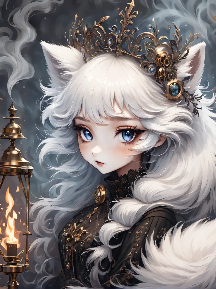 （best quality，masterpiece：1.2，detailed details），(arctic fox:1.2)，（可爱的小arctic fox,big eyes， fluffy hair），（dark Gothic，steampunk gothic victorian style）, dark, engulfed in smoke
