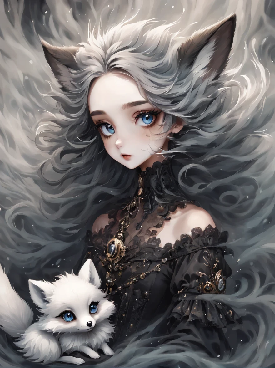 （best quality，masterpiece：1.2，detailed details），（Cute arctic fox,big eyes， fluffy hair），（dark Gothic，steampunk gothic victorian style）, dark, engulfed in smoke
