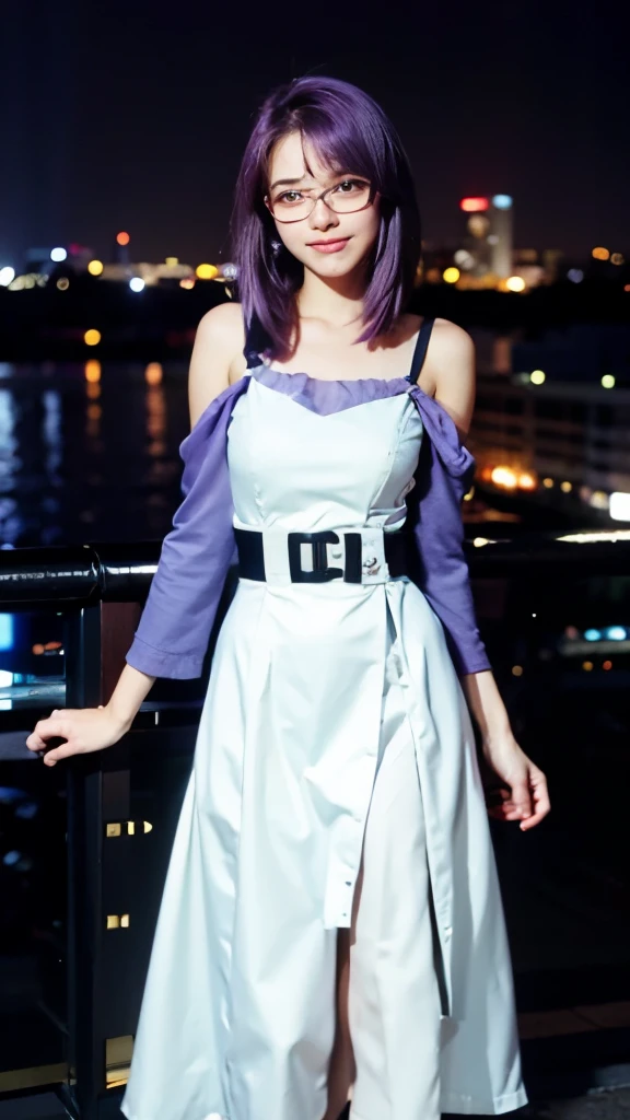 a close up of a person in a dress with a city in the background, my dress up darling anime, misato katsuragi, purple eyes and white dress, tsubasa nakai's style, anime girl named lucy, as an anime character, inspired by Tsubasa Nakai, anime style like fate/stay night, illustrious makinami, female anime character,wearing glasses,purple hair,wearing glasses,purple hair,wearing glasses,purple hair,wearing glasses,purple hair,wearing glasses,purple hair,wearing glasses,purple hair,wearing glasses,purple hair,wearing glasses,purple hair