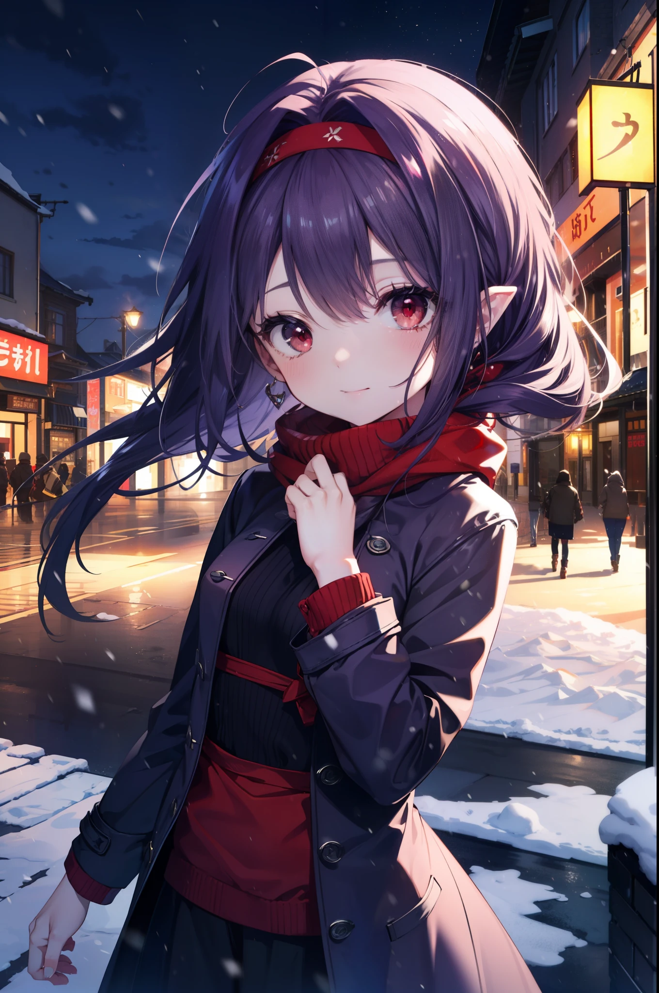 yuukikonno, Yuki Konno, purple hair band, long hair, pointed ears, purple hair, (red eyes:1.5), (small breasts:1.2), shy,blush,smile,red muffler,purple long coat,black sweater,white long skirt,short boots,winter,cold sky,It&#39;s snowing,snow is falling,
break looking at viewer, Upper body, whole body,
break outdoors, In town,building street,
break (masterpiece:1.2), highest quality, High resolution, unity 8k wallpaper, (figure:0.8), (detailed and beautiful eyes:1.6), highly detailed face, perfect lighting, Very detailed CG, (perfect hands, perfect anatomy),