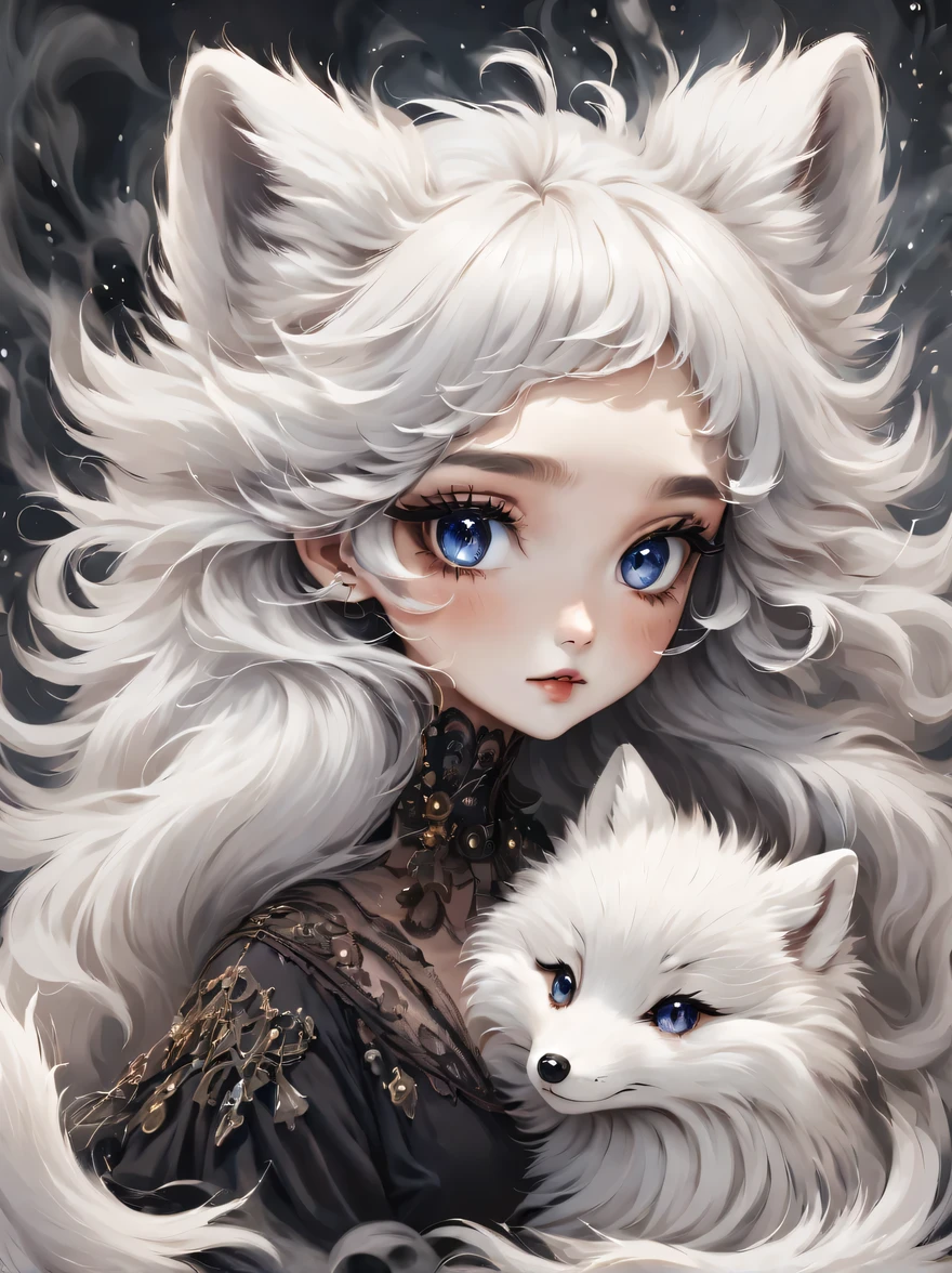 (best quality,masterpiece:1.2,detailed details),(arctic fox:1.2),(可爱的小arctic fox,big eyes, fluffy hair),(dark Gothic,steampunk gothic victorian style), dark, engulfed in smoke