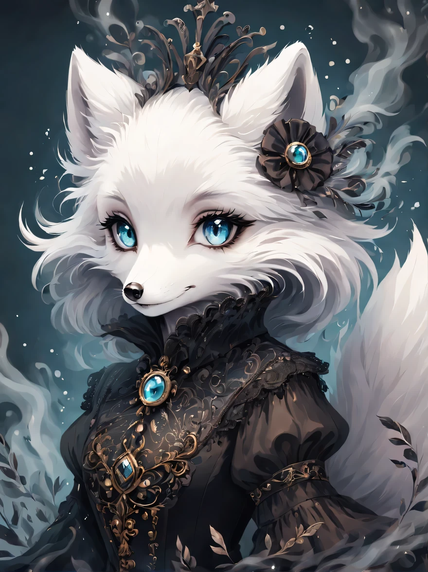 (best quality,masterpiece:1.2,detailed details),(1 cute arctic fox,big eyes, fluffy hair),(dark Gothic,steampunk gothic victorian style), dark, engulfed in smoke