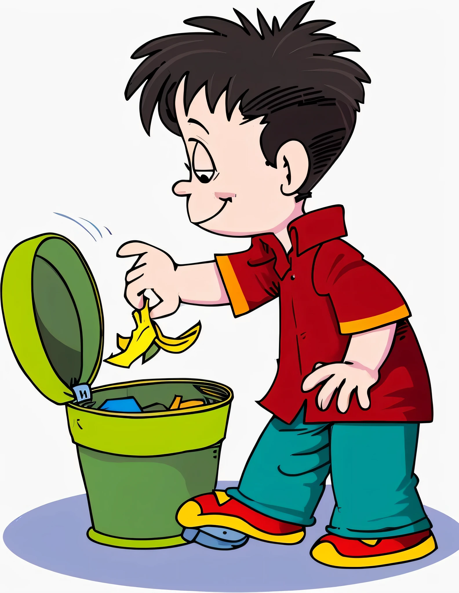 a cartoon boy throwing garbage into a green trash can, clipart, trash, trash can, rubbish, clean environment, littered with garbage, full of trash, hd illustration, illustration!, excrement, garbage plastic, cartoon illustration, ilustration, garbage, litter, cartoon image, clip art, funny illustration, teen boy, screengrab, leaked image, description