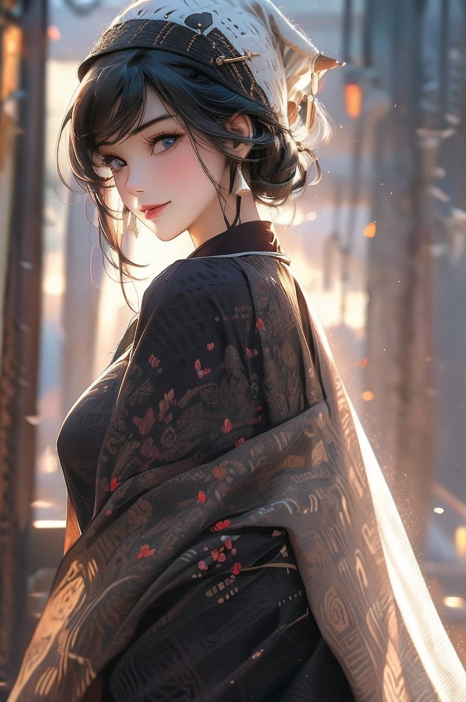 figure, Uhd, retina, masterpiece, Accurate, anatomically correct, Super detailed, advanced details, high quality, Awards, 最high quality, High resolution, excellent anatomy, 1080p, hd, 4k, 8k, 16k, 1 girl, dynamic pose, neutral, fine eyes, fine clothes, fine hair, rendering, hair, cute wife, short black hair, bangs, rock, white beanie hat, blue eyes, Short sleeve shirt with white collar, black sweater vest, black tie under vest, smile, looking at the viewer