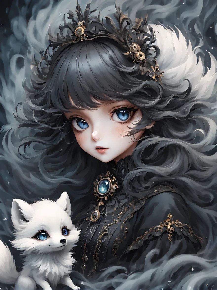 （best quality，masterpiece：1.2，detailed details），（1 cute arctic fox,big eyes， fluffy hair），（dark Gothic，steampunk gothic victorian style）, dark, engulfed in smoke
