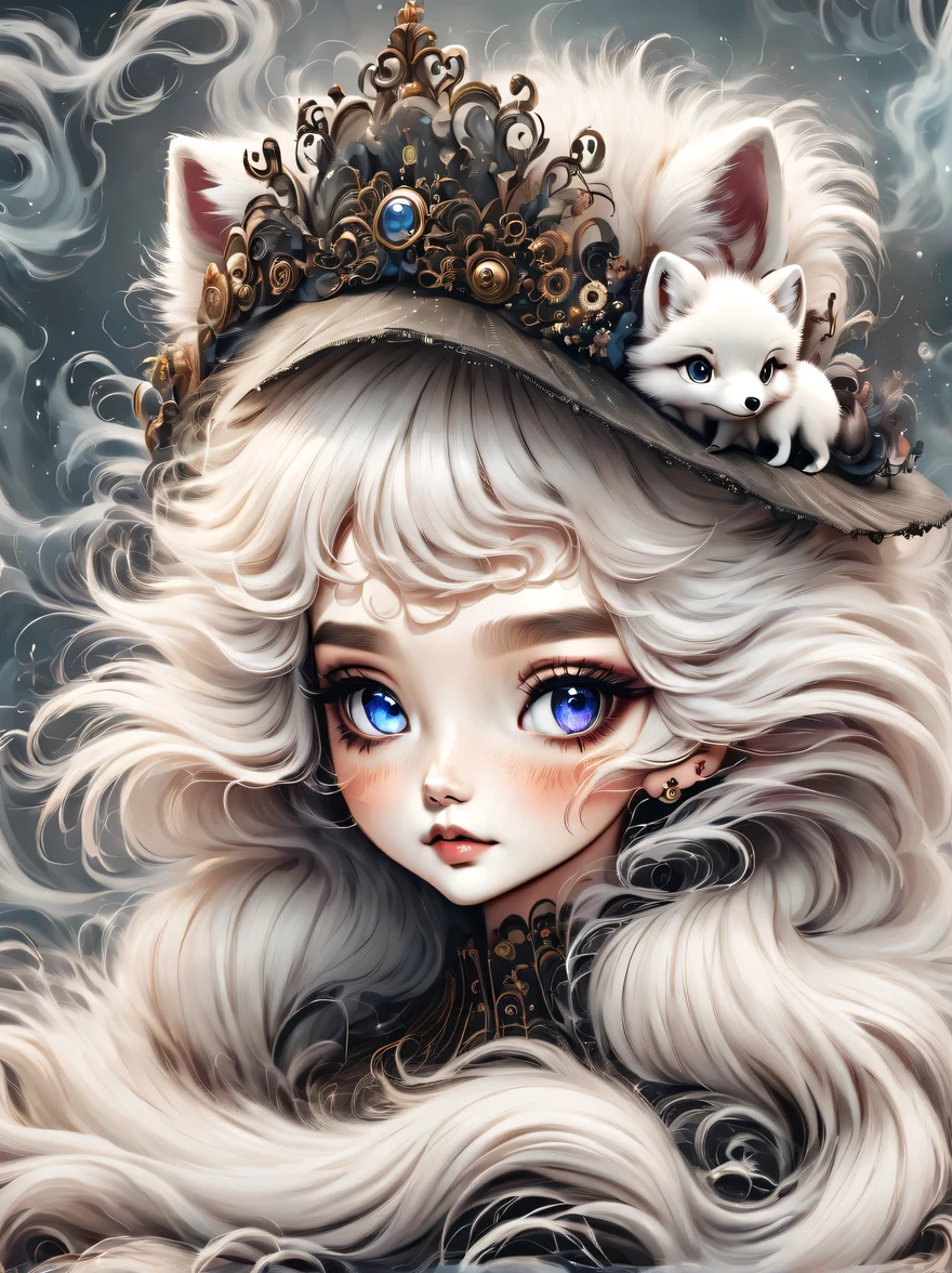 (best quality,masterpiece:1.2,detailed details),(arctic fox:1.2),(可爱的小arctic fox,big eyes, fluffy hair),(dark Gothic,steampunk gothic victorian style), dark, engulfed in smoke