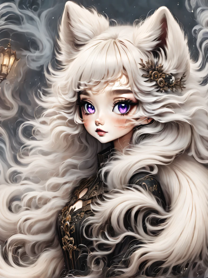 （best quality，masterpiece：1.2，detailed details），(arctic fox:1.2)，（可爱的小arctic fox,big eyes， fluffy hair），（dark Gothic，steampunk gothic victorian style）, dark, engulfed in smoke
