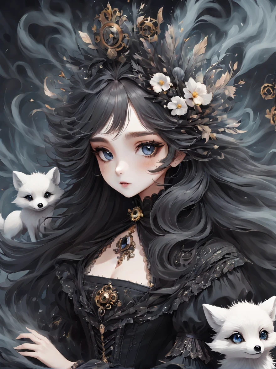 (best quality,masterpiece:1.2,detailed details),(1 cute arctic fox,big eyes, fluffy hair),(dark Gothic,steampunk gothic victorian style), dark, engulfed in smoke