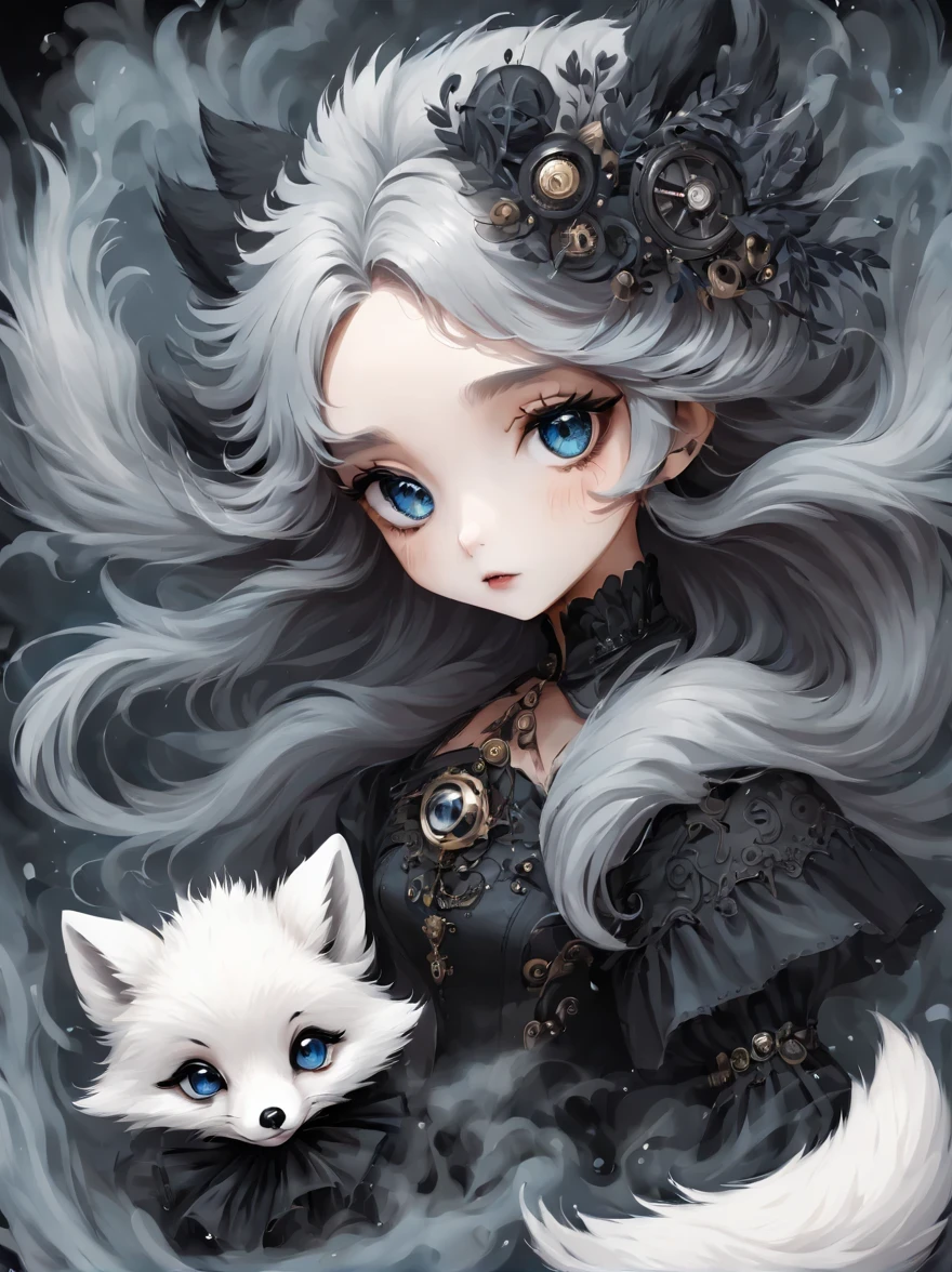 （best quality，masterpiece：1.2，detailed details），（1 cute arctic fox,big eyes， fluffy hair），（dark Gothic，steampunk gothic victorian style）, dark, engulfed in smoke
