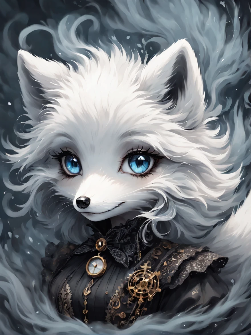 (best quality,masterpiece:1.2,detailed details),(1 cute arctic fox,big eyes, fluffy hair),(dark Gothic,steampunk gothic victorian style), dark, engulfed in smoke