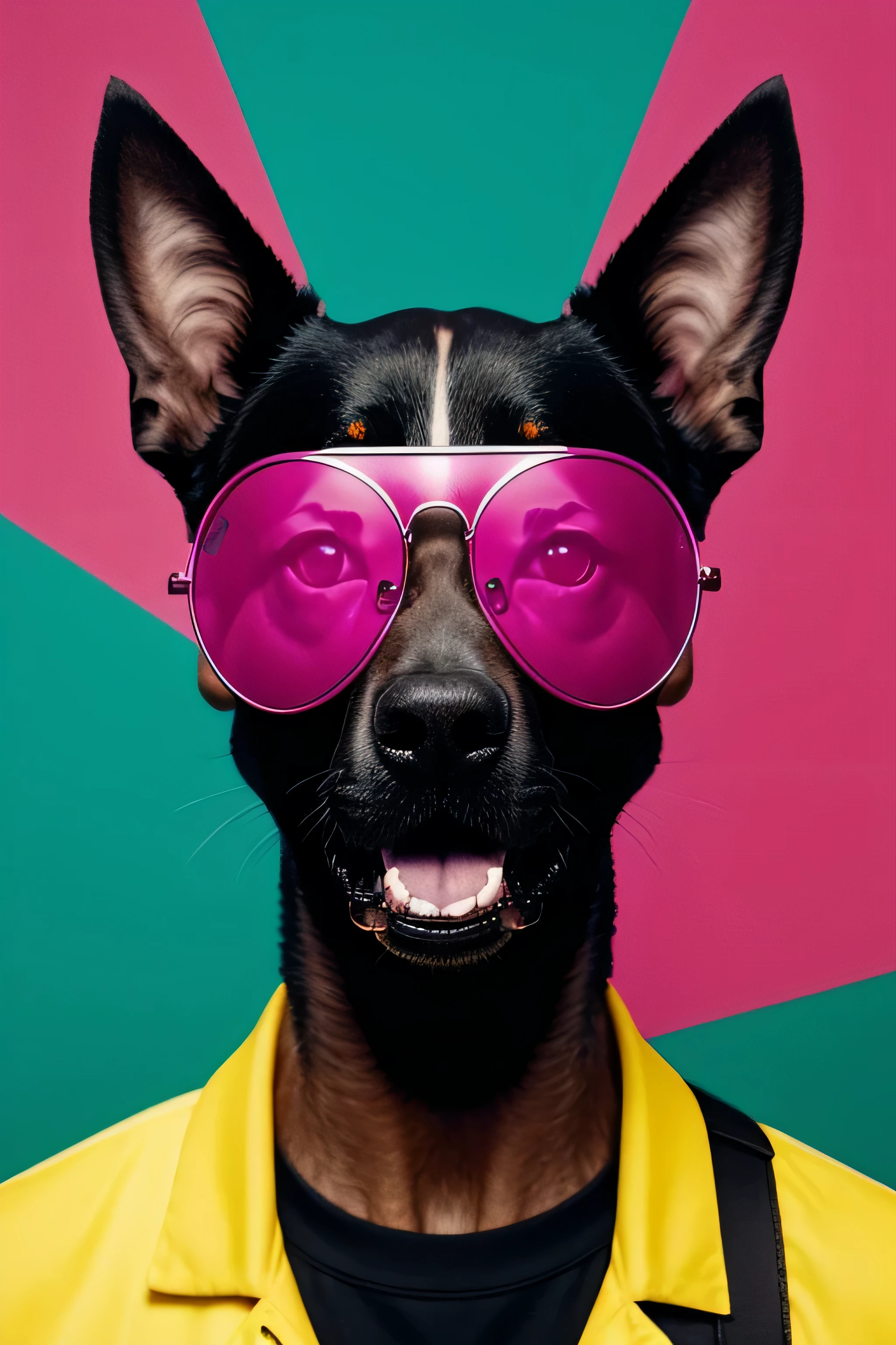 distance from view, vector for t-shirt design, dog with shapes pink sunglasses standing on the green and yellow panels behind, in the style of ethereal light effects, minimalistic portraits, dark black and pink, intense gaze, colorful installations, portraits with soft lighting, bold lines, vivid colors -