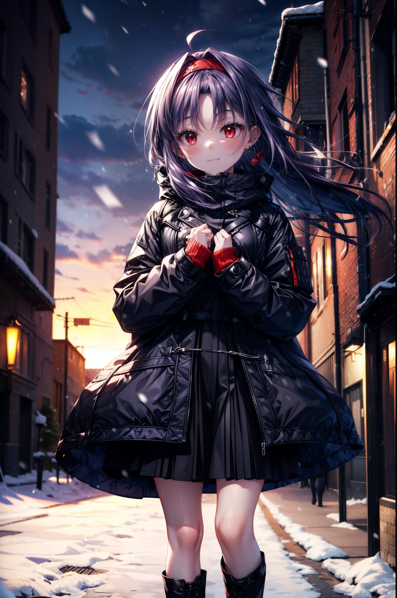 yuukikonno, Yuki Konno, purple hair band, long hair, pointed ears, purple hair, (red eyes:1.5), (small breasts:1.2), shy,blush,smile,red muffler,purple long coat,black sweater,white long skirt,short boots,winter,cold sky,It's snowing,snow is falling,
break looking at viewer, Upper body, whole body,
break outdoors, In town,building street,
break (masterpiece:1.2), highest quality, High resolution, unity 8k wallpaper, (figure:0.8), (detailed and beautiful eyes:1.6), highly detailed face, perfect lighting, Very detailed CG, (perfect hands, perfect ???????),