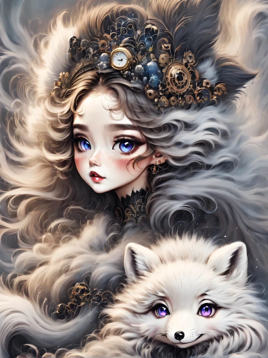 （best quality，masterpiece：1.2，detailed details），(arctic fox:1.2)，（可爱的小arctic fox,big eyes， fluffy hair），（dark Gothic，steampunk gothic victorian style）, dark, engulfed in smoke
