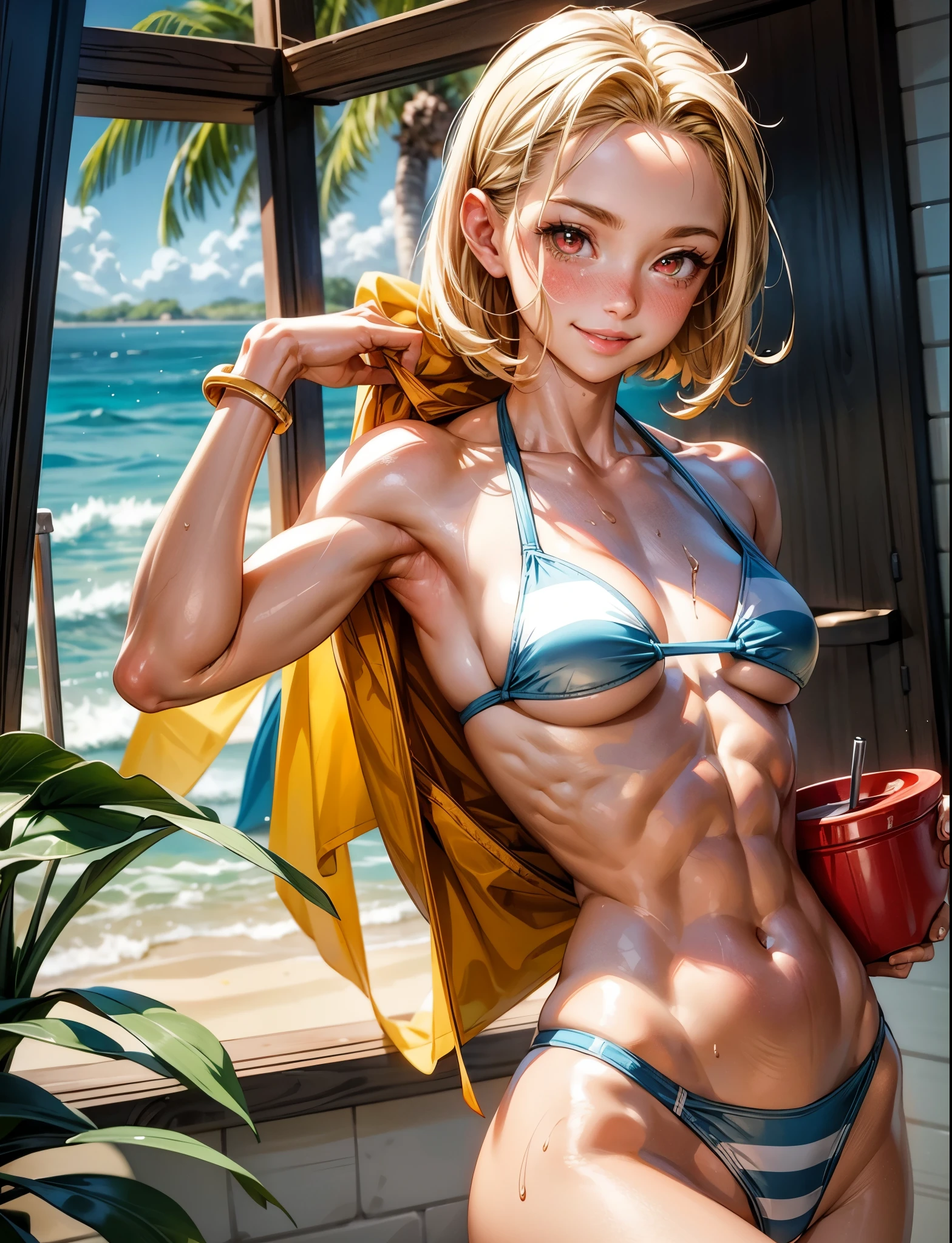 cammy 6 ,1girl , solo , striped beach swimsuit , abs, short hair , blonde hair , red eyes , indoor , standing , smile , happy , upper body , beach, coconut tree