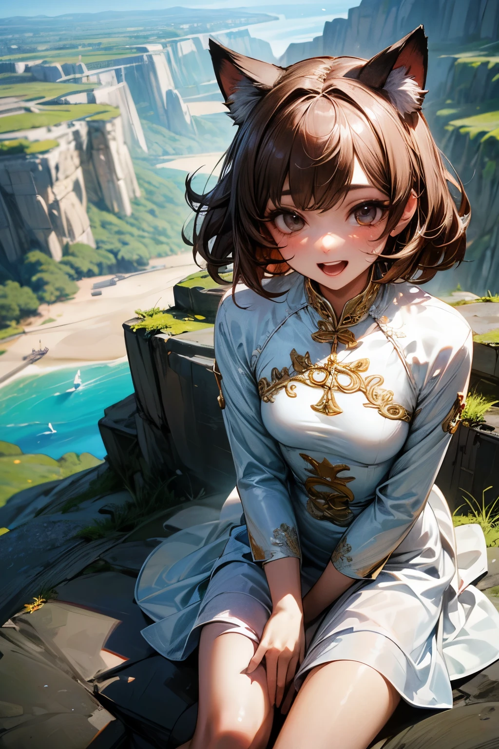 ((Masterpiece)), ((best quality)), (High Definition:1.3), (Professional Photography:1.2), 8K, cinematic lighting, 1girl, wide-shot, (12years old), from above, Textured skin, Cute age young Girl, BREAK, open mouth, (very messy medium hair), very laughing, cute makeup, cat ears, pale brown hair, BREAK, small breast, sitting on the cliff tip, (plain white ao dai:1.5), ((trival anklets)), barefoot, (slightly exposed thigh), 1girl, slender body, BREAK, (High Definition), summer day, (Above 100 meters altitude), cliff tip, (Landscape below the deep cliff:1.3),