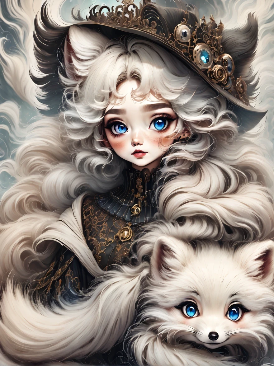 （best quality，masterpiece：1.2，detailed details），(arctic fox:1.2)，（可爱的小arctic fox,big eyes， fluffy hair），（dark Gothic，steampunk gothic victorian style）, dark, engulfed in smoke
