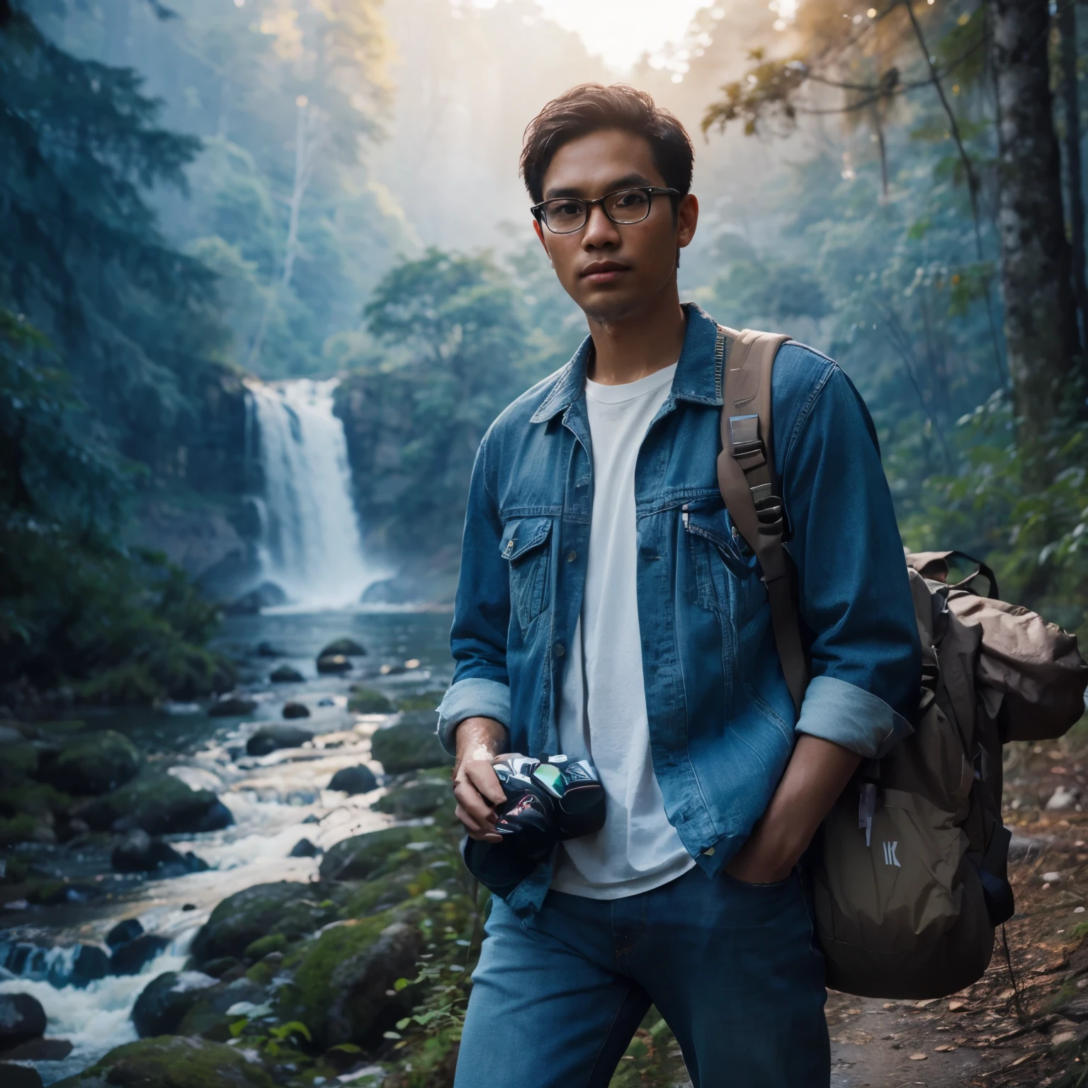 Full body cinematic portrait of Indonesian man, 28 years old, clean face, curtain cut, glasses, wearing white t-shirt, blue jeans jacket and camping bag and boots, walking in the forest with photo camera, outdoor photographer, green forest background with water waterfalls and streams, professional photography, advertising shoots, faces looking at the camera, portraits from the side, realistic, with sunset atmosphere