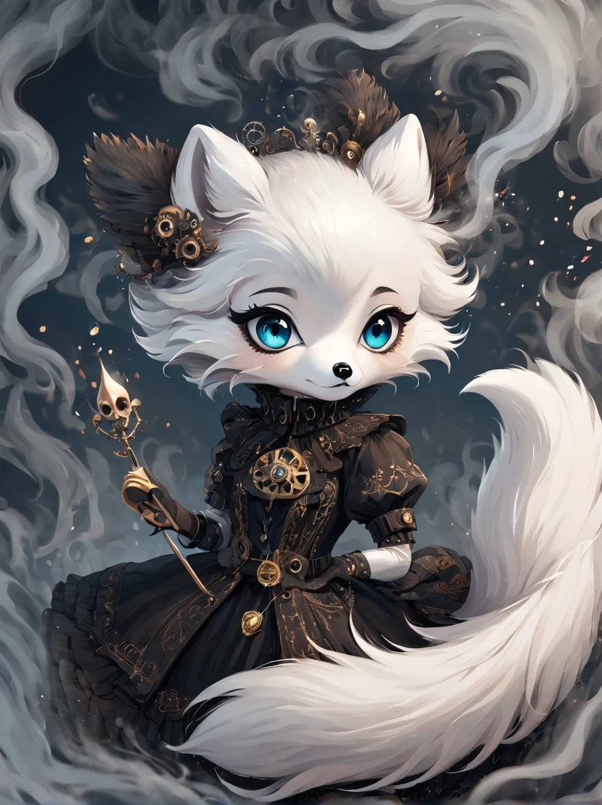 （best quality，masterpiece：1.2，detailed details），（1 cute arctic fox,big eyes， fluffy hair），（dark Gothic，steampunk gothic victorian style）, dark, engulfed in smoke
