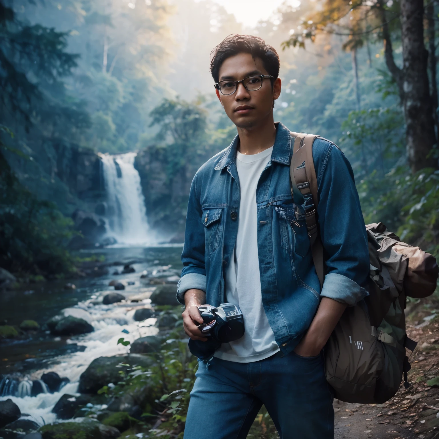 Full body cinematic portrait of Indonesian man, 28 years old, clean face, curtain cut, glasses, wearing white t-shirt, blue jeans jacket and camping bag and boots, walking in the forest with photo camera, outdoor photographer, green forest background with water waterfalls and streams, professional photography, advertising shoots, faces looking at the camera, portraits from the side, realistic, with sunset atmosphere