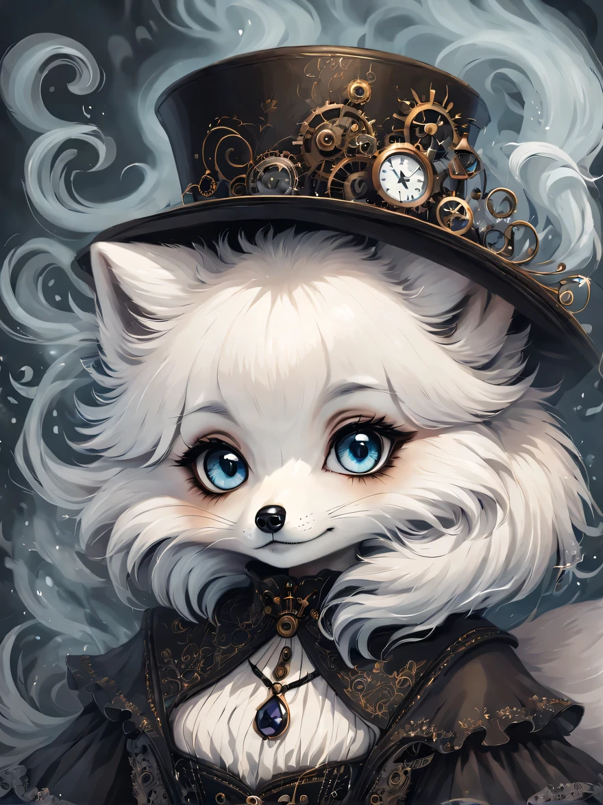 （best quality，masterpiece：1.2，detailed details），（1 cute arctic fox,big eyes， fluffy hair），（dark Gothic，steampunk gothic victorian style）, dark, engulfed in smoke
