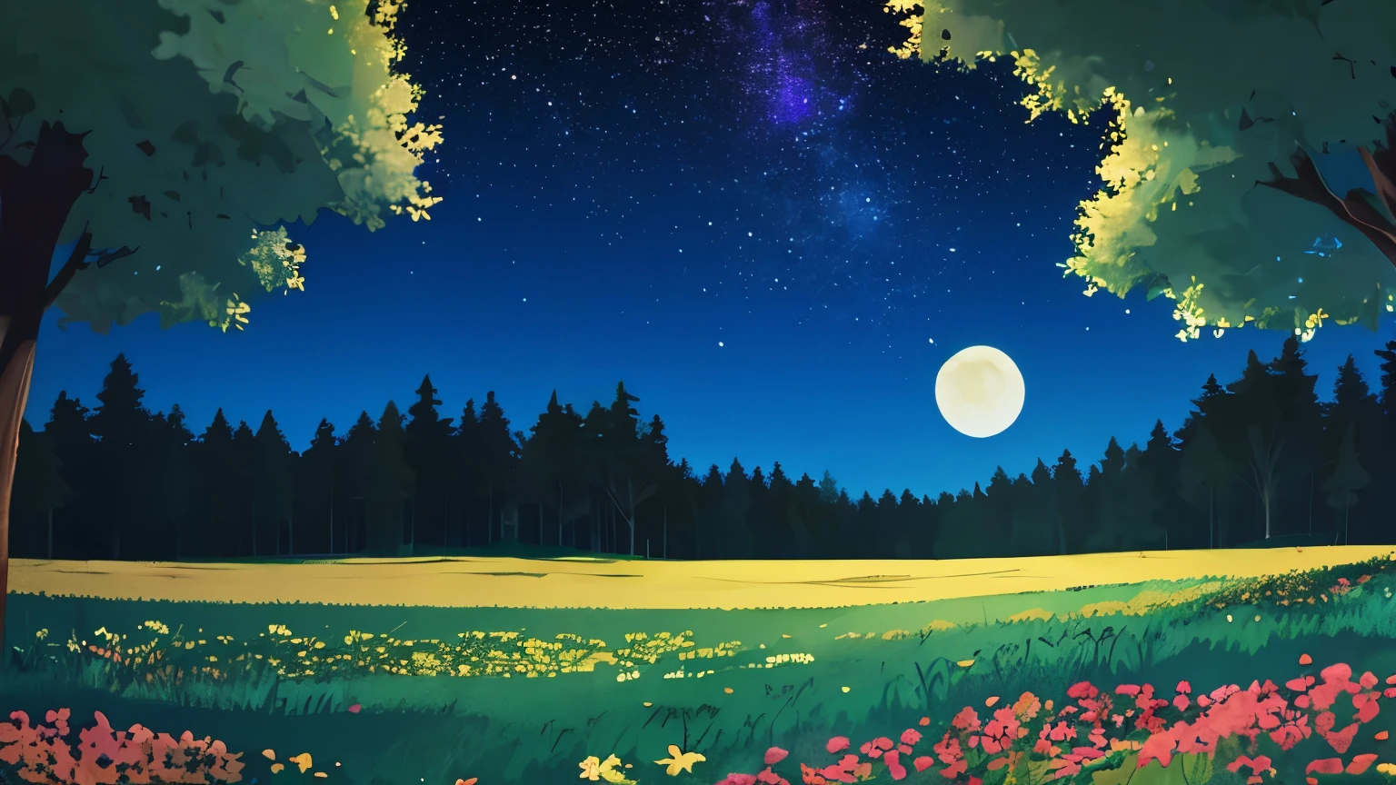 meadow, there&#39;s a forest behind, night, stars, moon