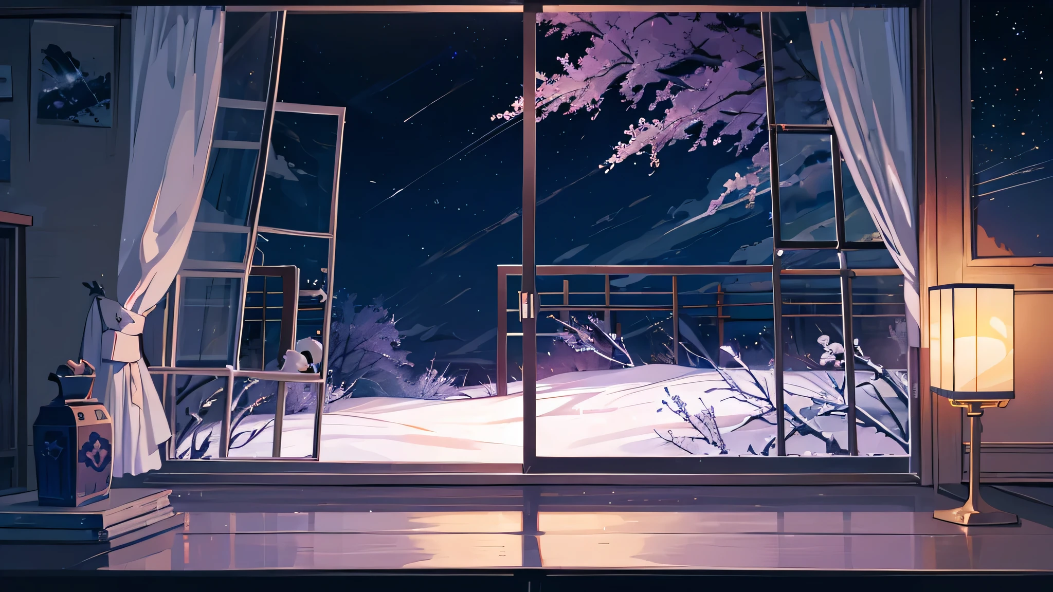 anime room background, dark blue, evening, pink curtains, and lilac, beautiful background, of the pillow, and stuffed animals, performer, anime fund, be familiar with,