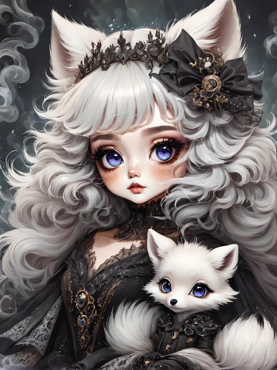 （best quality，masterpiece：1.2，detailed details），（1 cute little arctic fox,big eyes， fluffy hair），（dark Gothic，steampunk gothic victorian style）, dark, engulfed in smoke
