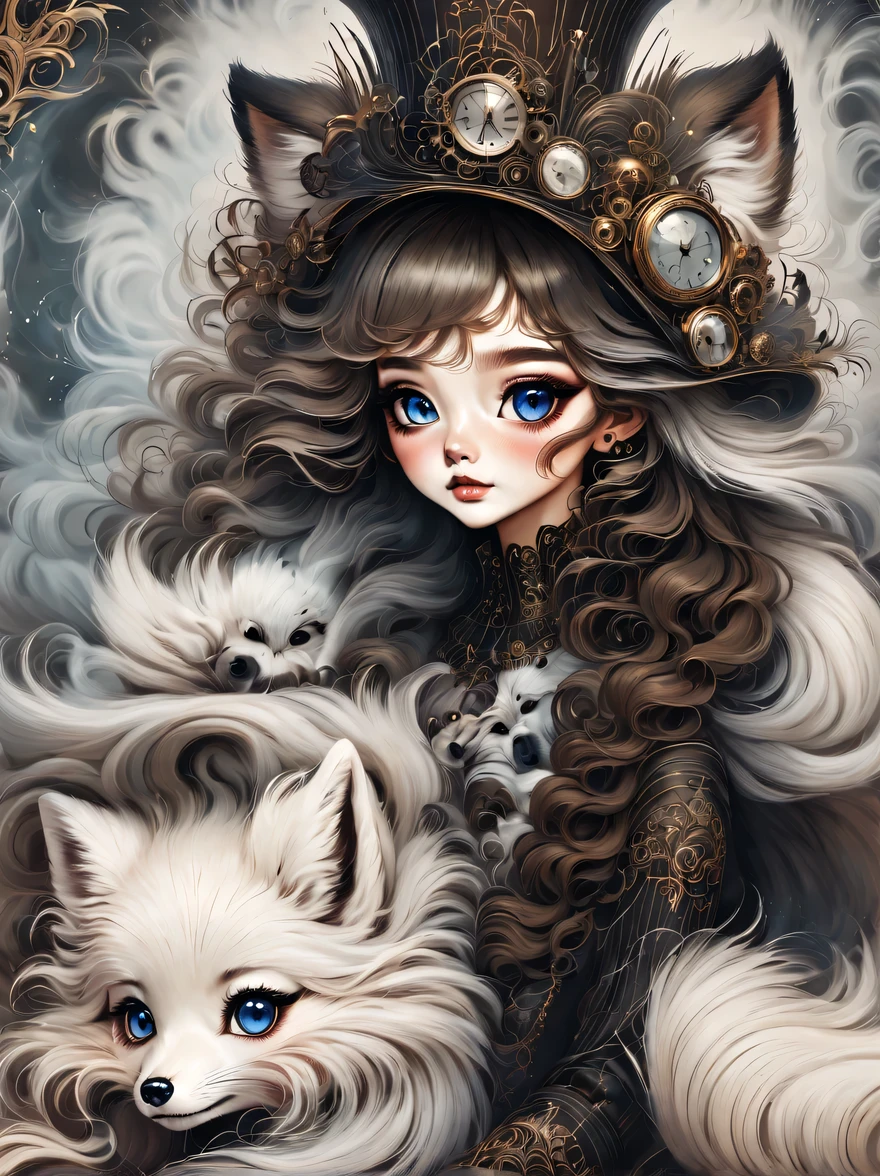 (best quality,masterpiece:1.2,detailed details),arctic fox,(可爱的小arctic fox,big eyes, fluffy hair),(dark Gothic,steampunk gothic victorian style), dark, engulfed in smoke