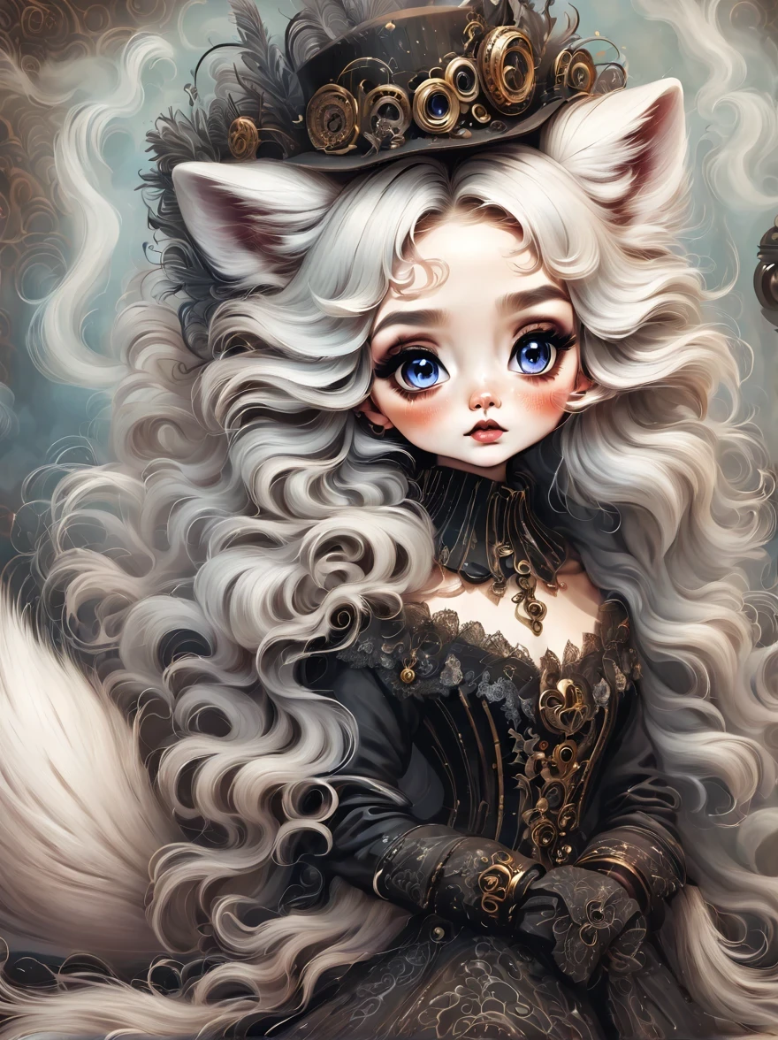 (best quality,masterpiece:1.2,detailed details),(1 cute little arctic fox,big eyes, fluffy hair),(dark Gothic,steampunk gothic victorian style), dark, engulfed in smoke