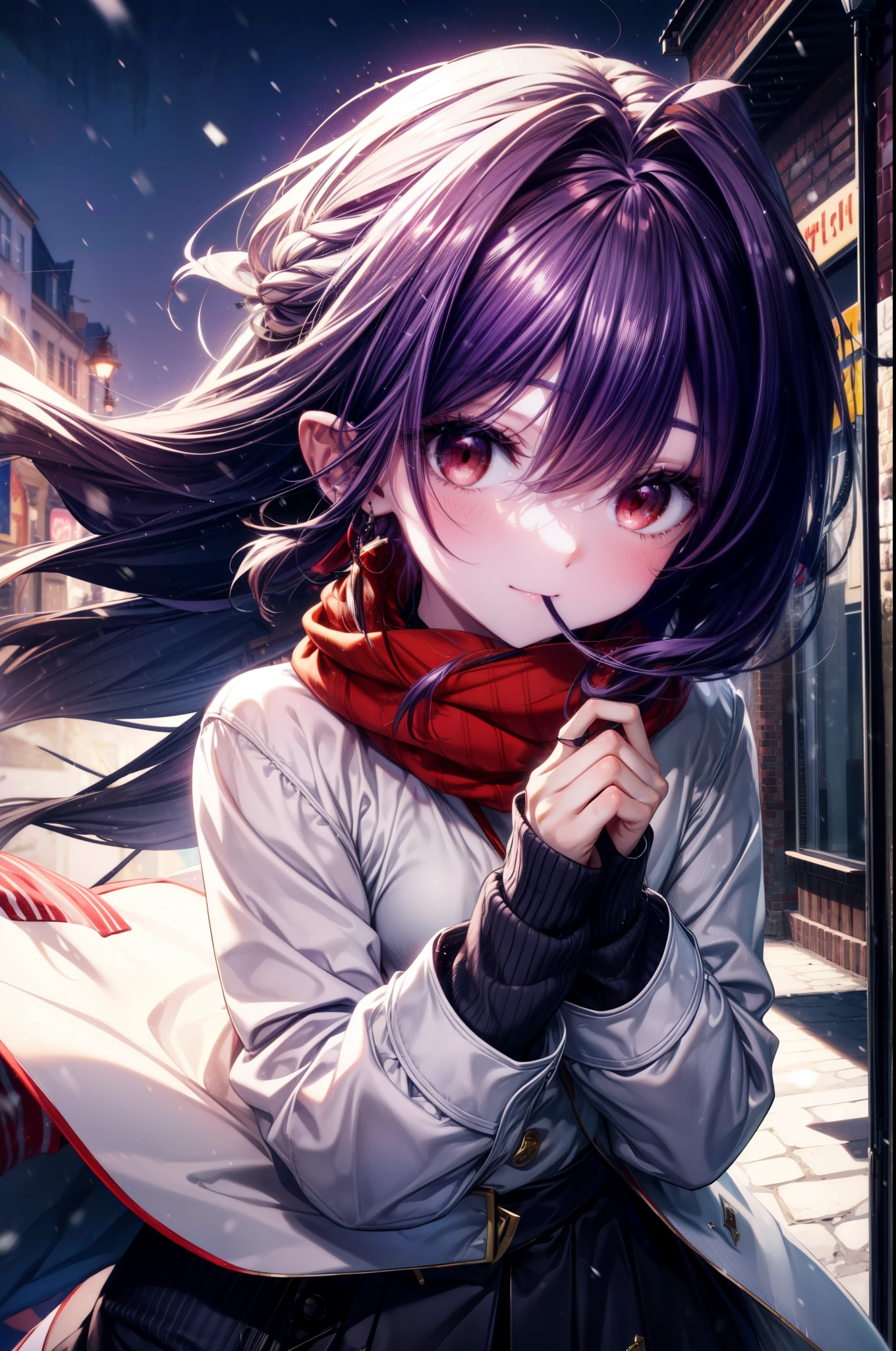 yuukikonno, Yuki Konno, purple hair band, long hair, pointed ears, purple hair, (red eyes:1.5), (small breasts:1.2), Ahoge,mouth open,shy,blush,smile,red muffler,purple long coat,black sweater,white long skirt,short boots,winter,cold sky,It's snowing,snow is falling,
break looking at viewer, Upper body, whole body,
break outdoors, In town,building street,
break (masterpiece:1.2), highest quality, High resolution, unity 8k wallpaper, (figure:0.8), (detailed and beautiful eyes:1.6), highly detailed face, perfect lighting, Very detailed CG, (perfect hands, perfect anatomy),