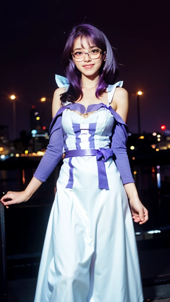 a close up of a person in a dress with a city in the background, my dress up darling anime, misato katsuragi, purple eyes and white dress, tsubasa nakai's style, anime girl named lucy, as an anime character, inspired by Tsubasa Nakai, anime style like fate/stay night, illustrious makinami, female anime character,wearing glasses,purple hair,wearing glasses,purple hair,wearing glasses,purple hair,wearing glasses,purple hair,wearing glasses,purple hair,wearing glasses,purple hair,wearing glasses,purple hair,wearing glasses,purple hair