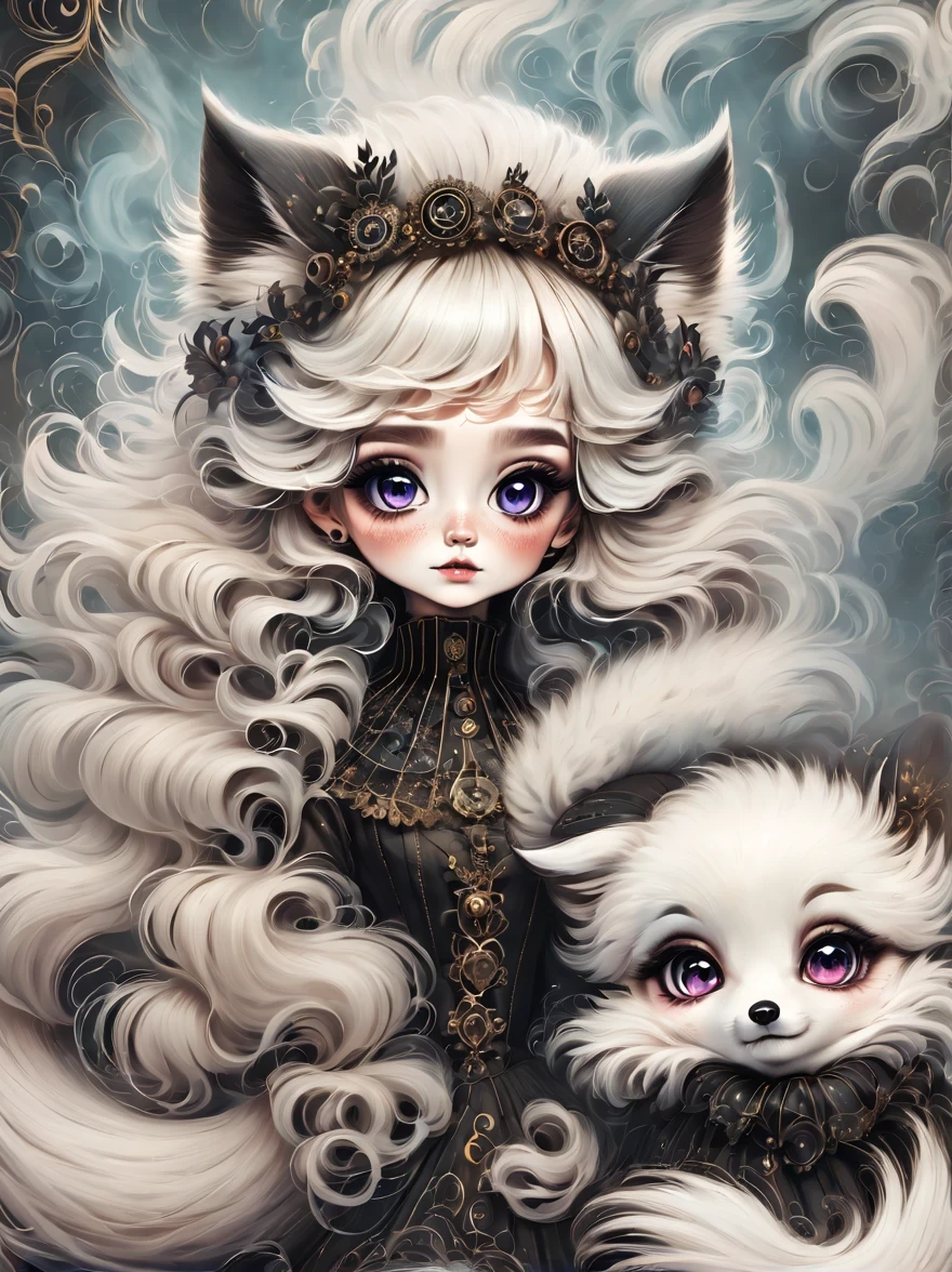 （best quality，masterpiece：1.2，detailed details），（1 cute little arctic fox,big eyes， fluffy hair），（dark Gothic，steampunk gothic victorian style）, dark, engulfed in smoke
