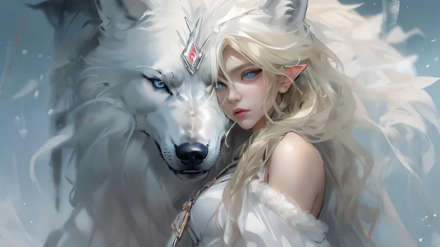 4K, ((masterpiece, best quality)), (fractal art:1.3), viking elf girl, big 가슴, fancy, Standing with ancient A wolf, concept yoji shinkawa, concept art, painting, Frank Prazzetta(Frank Prazzetta), break, (elf:1.2), 1 woman, alone, (blonde hair:1.15), blunt bangs, (hair between eyes), blue eyes, fury,woe, tear, (Beautiful and detailed face:1.2)，Art style by Artgerm, Vadim Kashin(Vadim Kashin), author: Kawashi, break, (1 animal), ((A wolf)),  fluffy, big, White fur, break, ((ancient viking clothes))，fluffy cloak,  big breast, Long black gloveless pantyhose with white boots.., break, Eyelashes, eye shadow, pink eye shadow, break, very detailed, dynamic angle, dynamic shot, The most beautiful form of chaos, elegant, brutal design, The background is a ruined castle wall covered with snow in winter.,