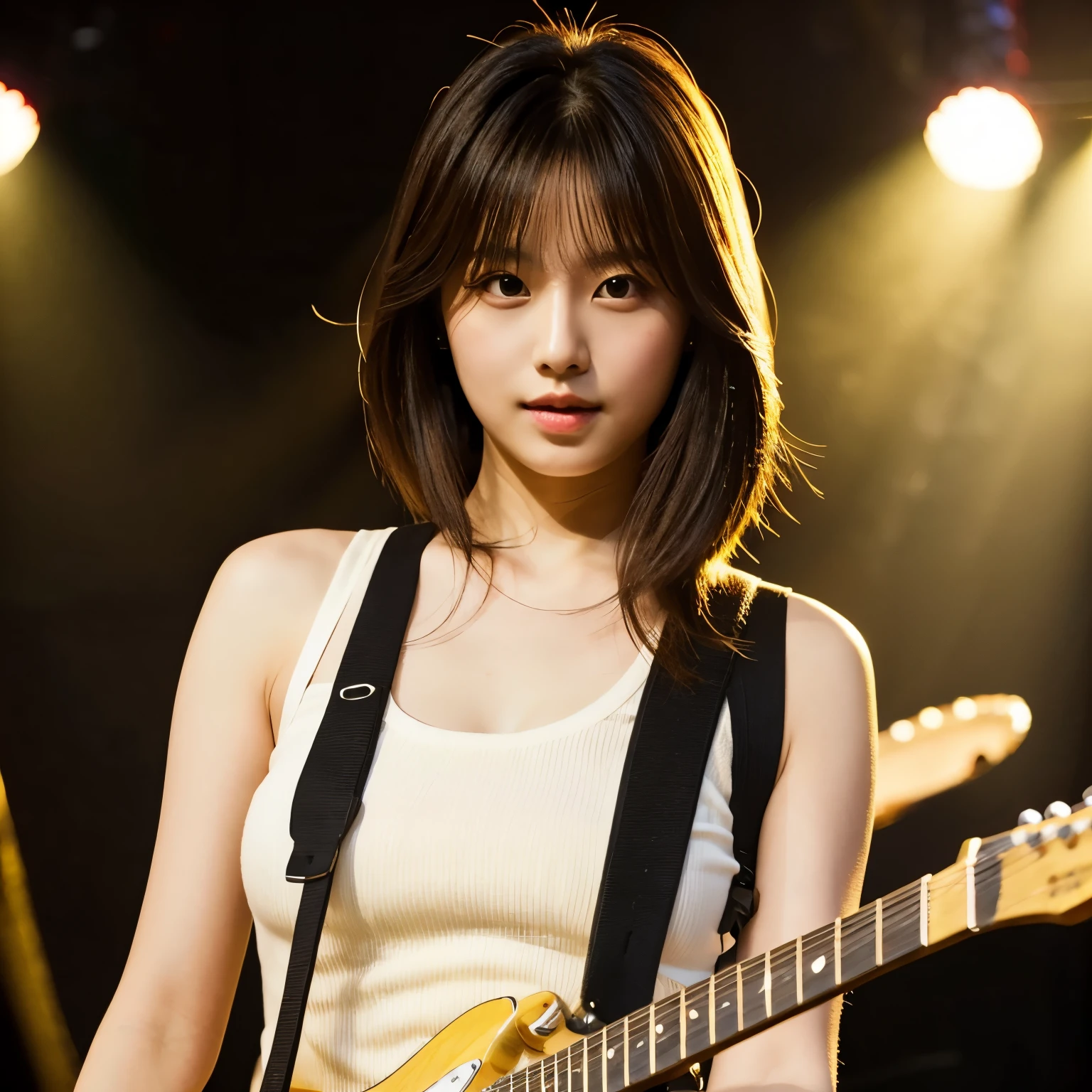 Highest image quality Realistic Japanese woman 27 years old beautiful eyes big chest shoulder-length hair cool look Playing electric guitar Are standing realistic skin white tank top concert venue fancy lighting fender