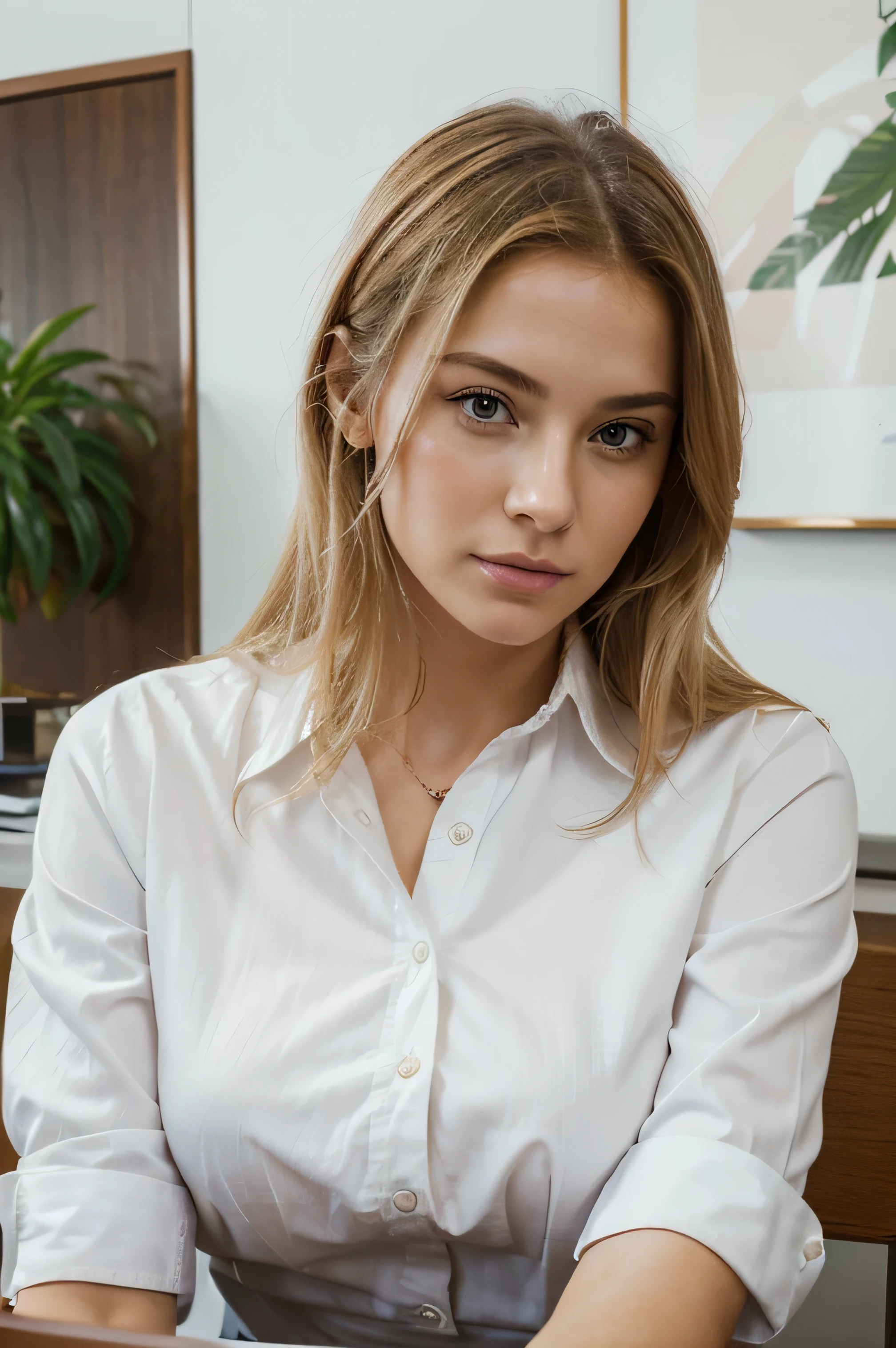 “Create a masterpiece image with the highest quality and finest details., showing off perfect, Photorealistic image of a beautiful young woman, working in a bank. She's blonde, Very pretty, dressed in a snow-white shirt, and her facial expression and demeanor combine professionalism and warmth. The scene takes place in the bank itself., the jar itself is in white and red tones with plants surrounded, we see a girl, she sits at the table and helps a client fill out a loan application. The composition should be so realistic and detailed, so that it can be indistinguishable from a real photograph., convey the essence of the present moment with unprecedented realism.»