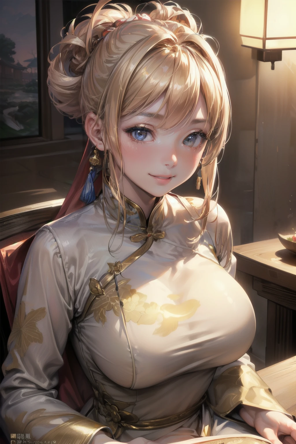 (HDR,8k, RAW portrait of a beautiful girl, best quality, masterpiece:1.2), (super fine illustration:1.3),(realistic), (highly detailed skin:1.2), ultra-high resolution,(lenz 28mm), 1 girl,(23 yo),(japanese girl),beautiful face,medium breasts,medium hair,(updo:1.4), (chinese restaurant),(smile:1.2),(golden china dress:1.2),Nemu
