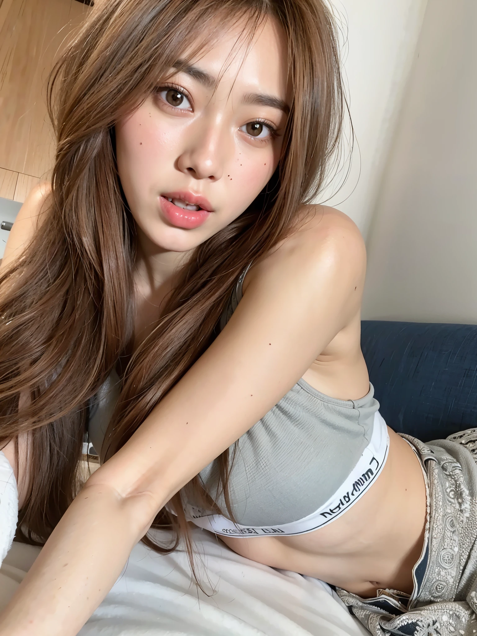 Melhor qualidade, 8K, Araafed Asian woman in gray top and silver shorts, coreana, gorgeous young mulher coreana, beautiful south mulher coreana, beautiful young mulher coreana, Ulzzang, foto de garota magra, Beautiful Asian girl, foto de garota magra model, Heonhwa Choe, 18 anos de idade, boa jovem, garota jovem e fofa, mulher coreana